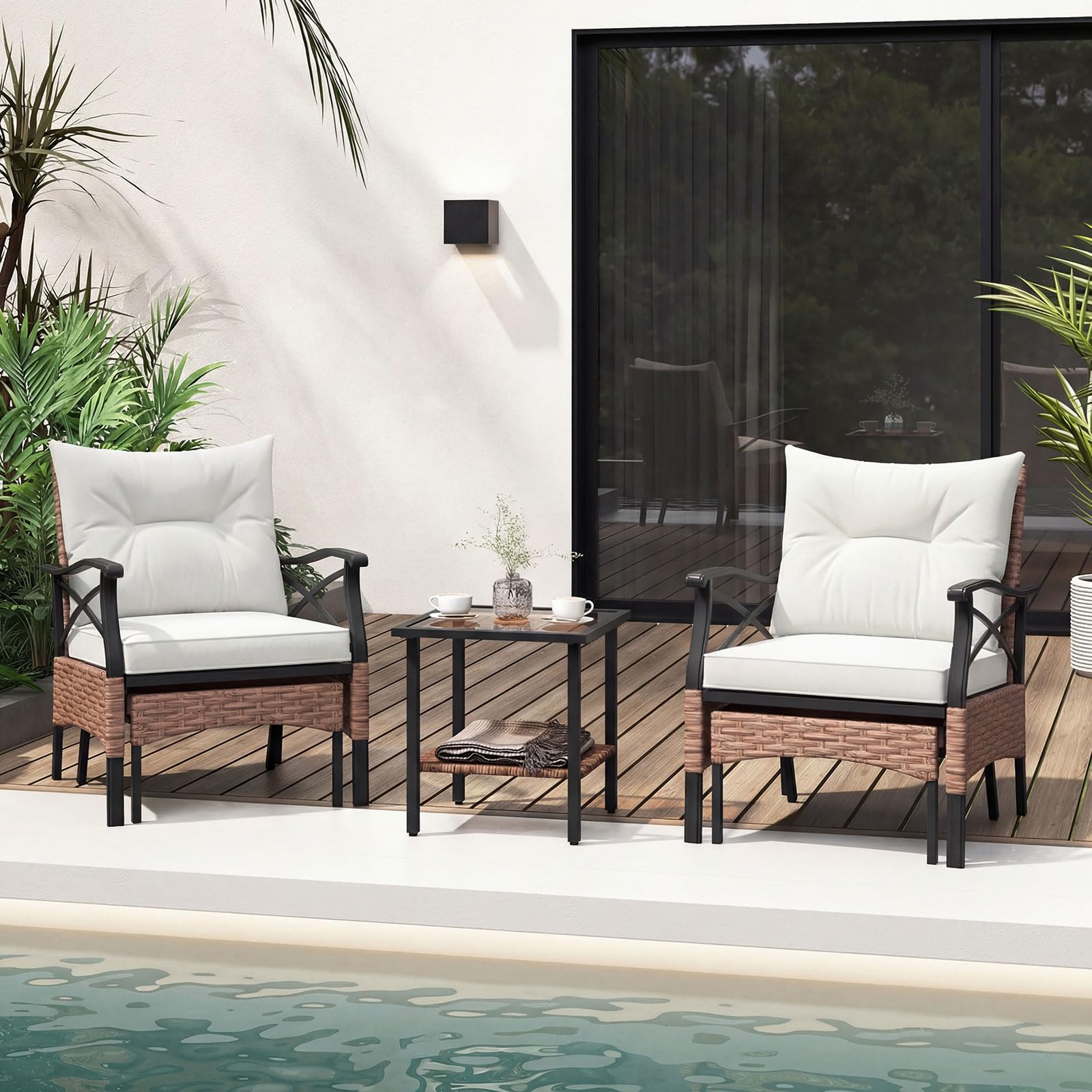 COSTWAY Rattan Gartenmöbel Set, 5-teiliges Balkonmöbel, Balkonset inkl. 2 Stühle mit Kissen, Hocker & Tisch, Terrassenmöbel, Gartengarnitur, Sitzgruppe für Garten, Balkon, Terrasse (Braun + Beige)