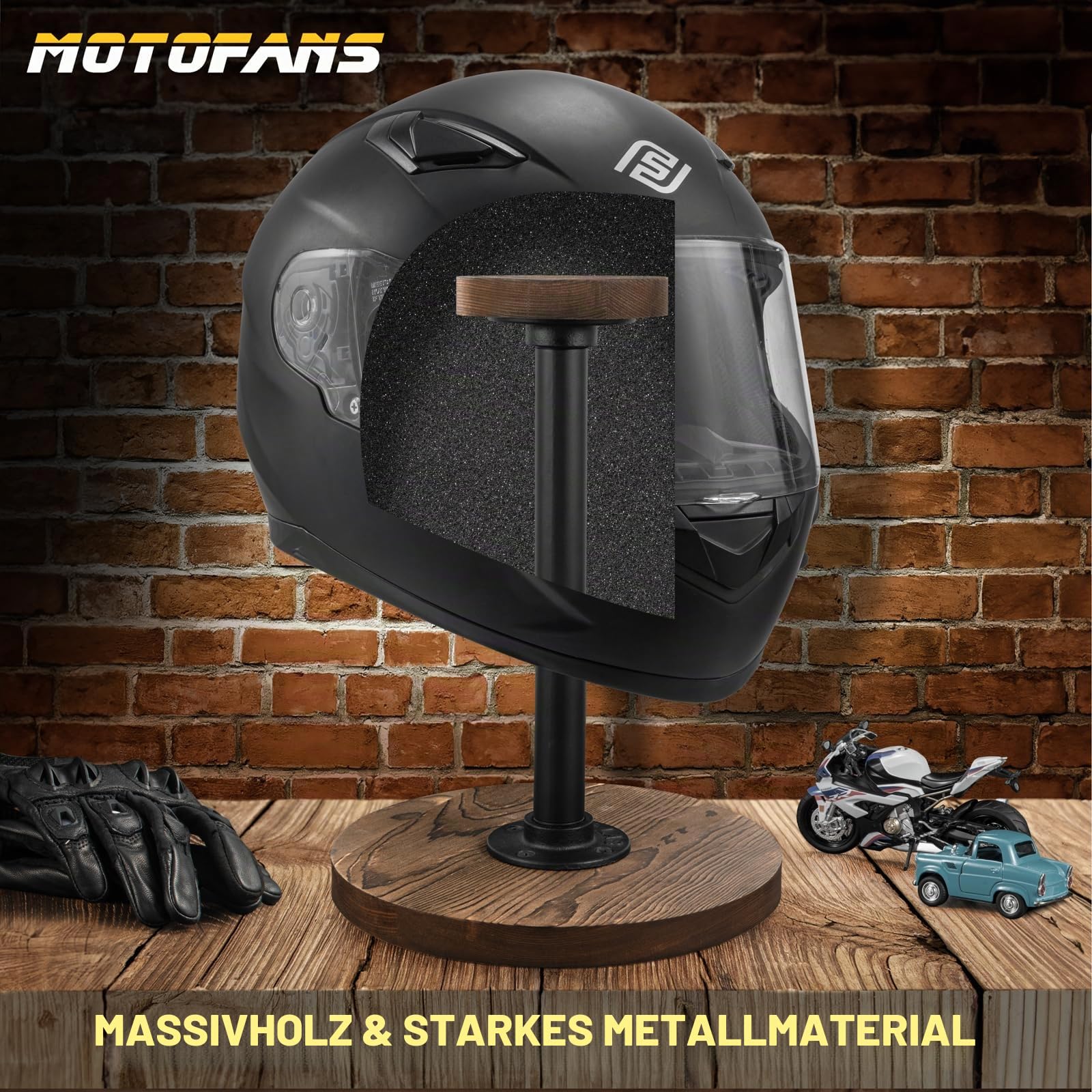Helmständer im Industriestil, rustikales gebranntes Massivholz und Schwarze Metallrohrkappe und Perückenständer