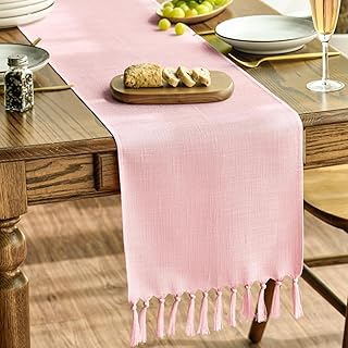 Artoid Mode Blush Pink Tassel Table Runner, Linen Blend Rustic Farmhouse Style Kitchen Table Decoration Holiday Wedding Party Dinning Decor 13x48 Inch