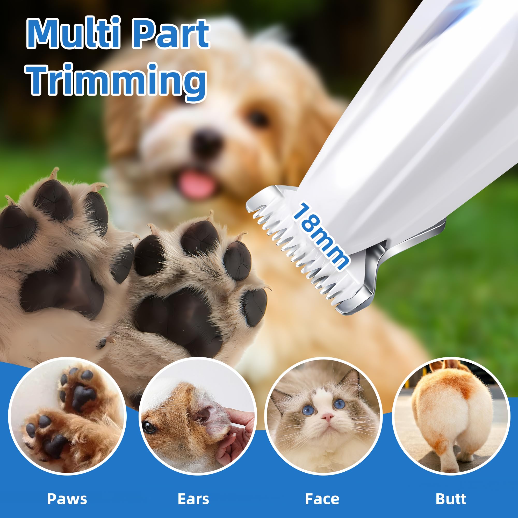 BreeyPaws Cat Clippers Dog Paw Trimmer Grooming Kit,4 in 1 Cat Shaver for matted Fur Claw Silent,Pet Shaver Trimmer for Dogs Cats Paws,2 Speed Battery Display Startup Locked USB Charge Cable (White) - Image 2