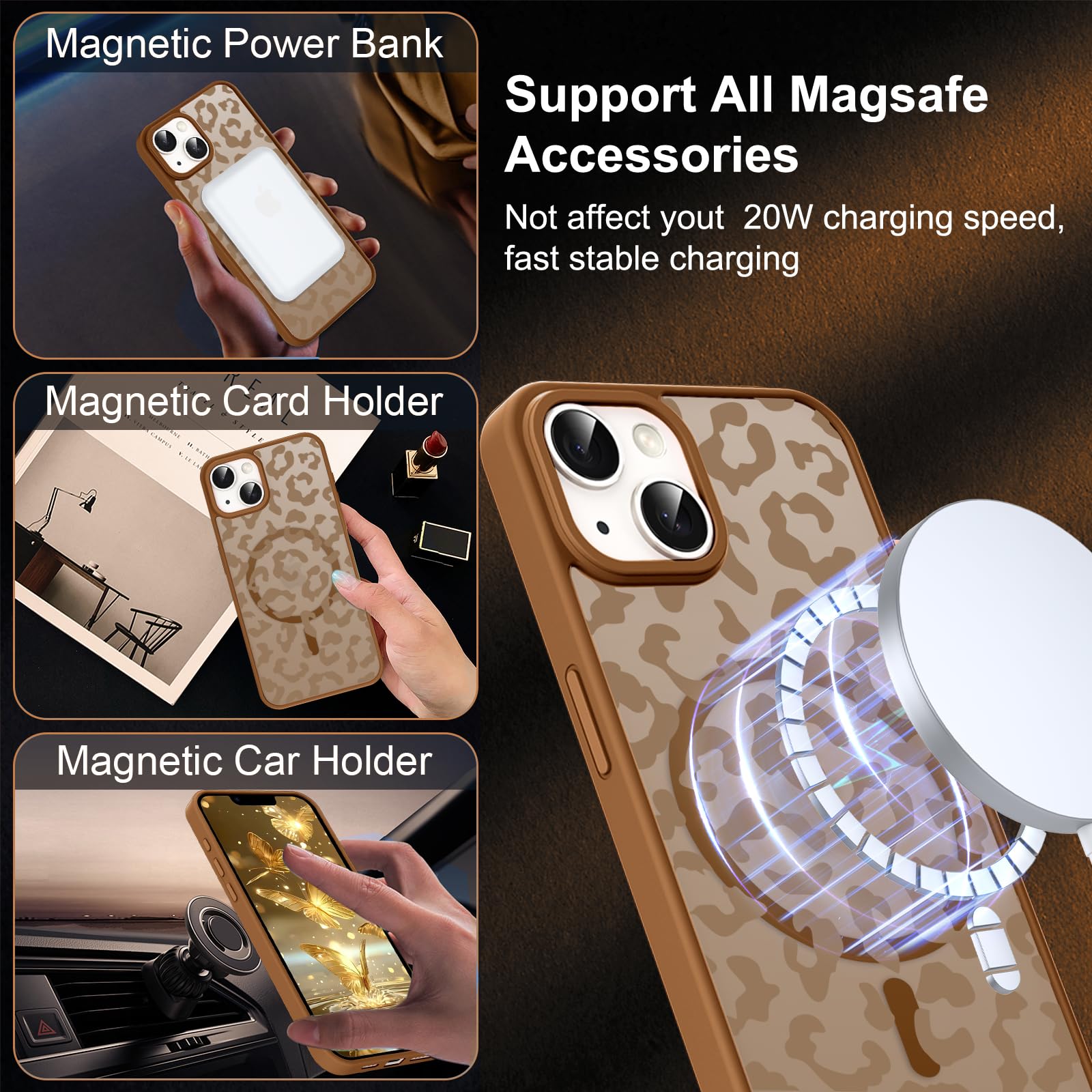 Kueqeay Cover Magnetica per iPhone 14/iPhone 13 6,1, Trasparente Aesthetic Leopardata Disegni Custodia Compatibilità con MagSafe Silicone Edges AntiGraffio Antiurto TPU Bumper Protettiva Case, 15