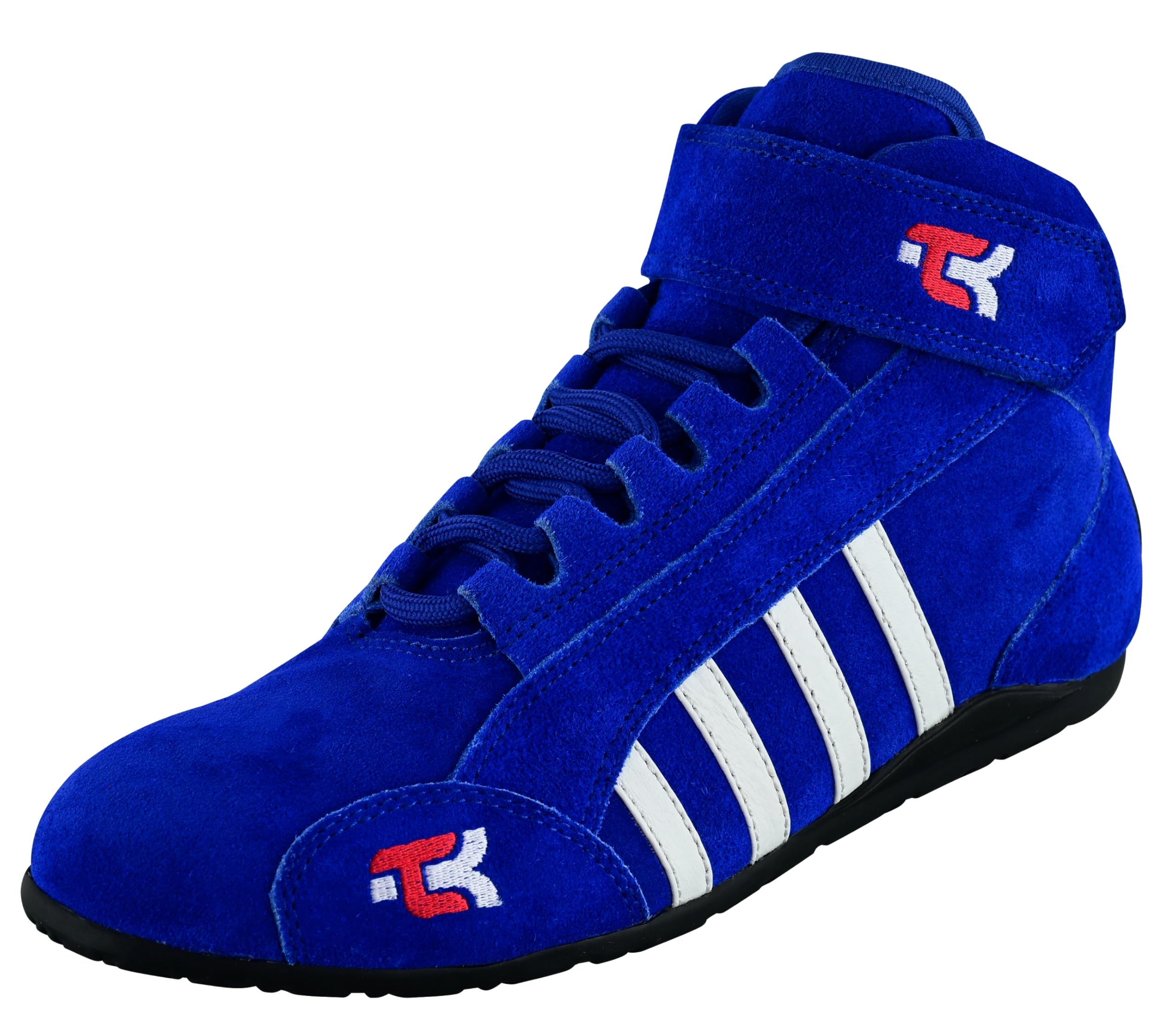 TK Bottes de karting pour enfants avec semelle haute adhérence, coupe moyenne avec sangle, chaussures de course Go Kart en cuir pur, noir, rouge, bleu