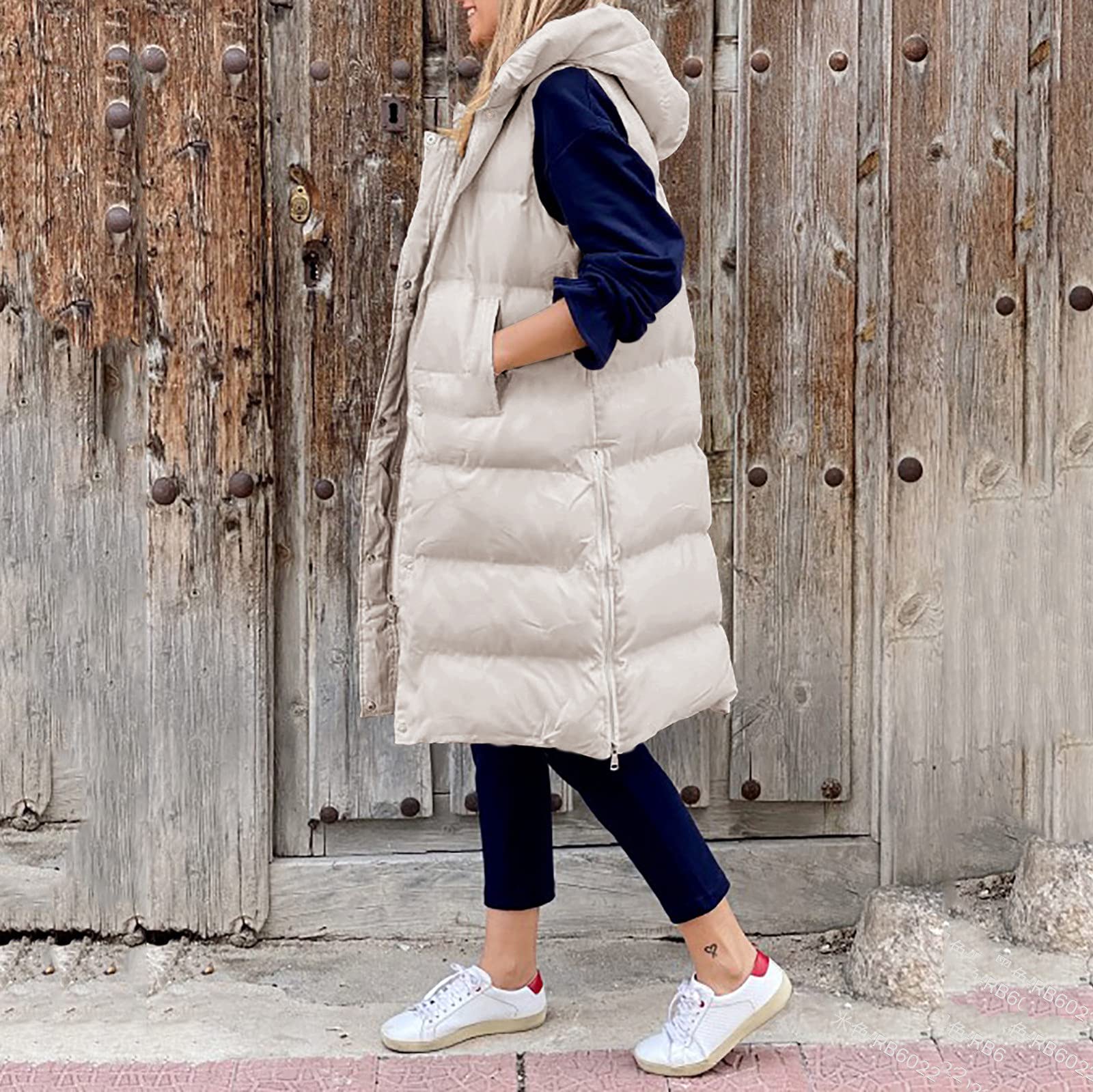 Chaleco de invierno para mujer, con capucha, sin mangas, con bolsillos, cálido, acolchado, chaqueta de entretiempo acolchada, para exteriores, tallas S - XXL
