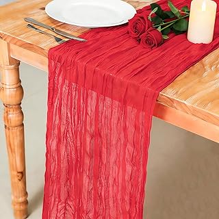 Snowkingdom 10 Ft Red Christmas Cheesecloth Table Runner, 120 inch Long Cheese Cloth Boho Gauze Sheer Runner for Wedding Bridal Baby Shower Birthday Sheer Holiday Table Decorations
