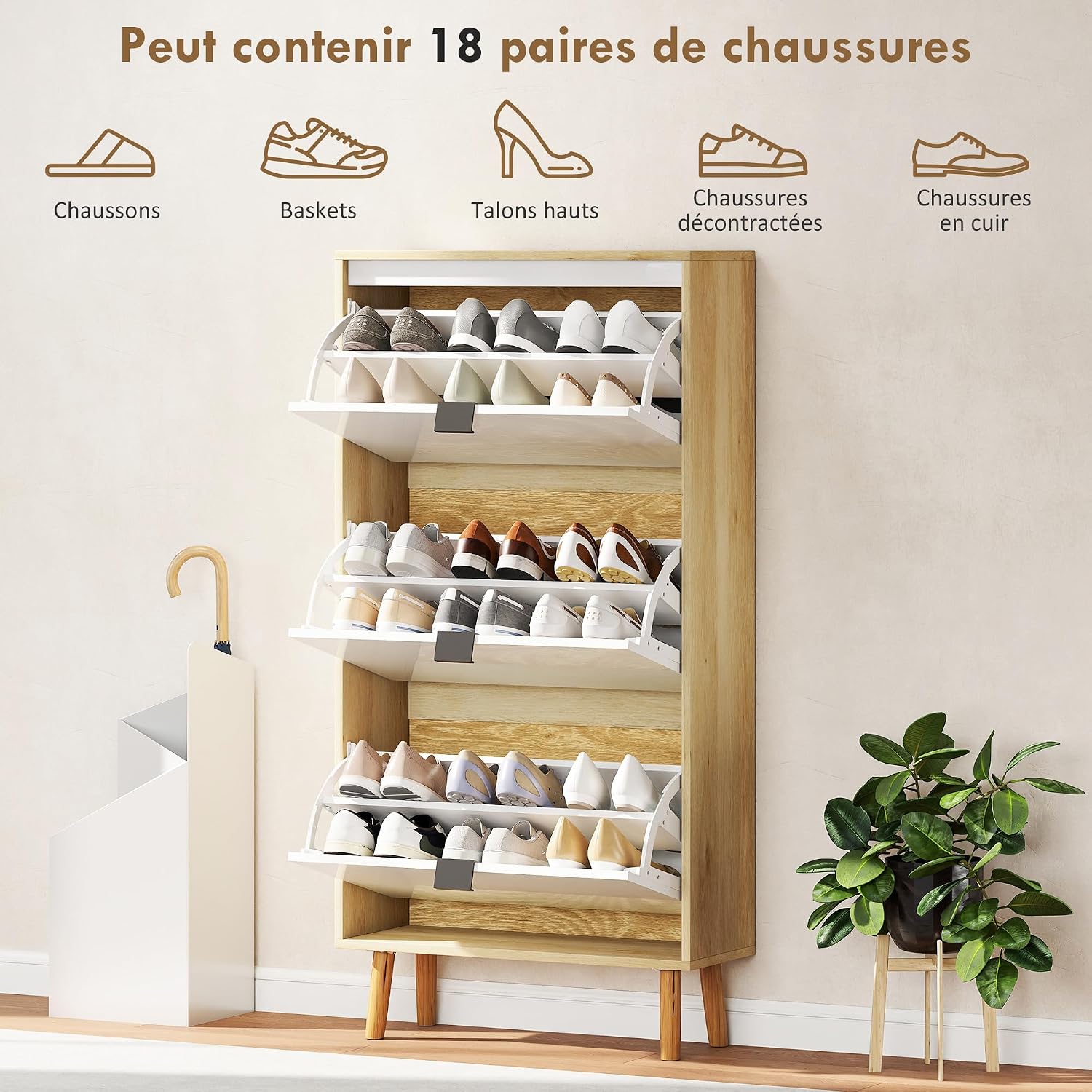 HOMCOM 18 Pairs Shoe Cabinet with High Gloss Door, Narrow Shoe Cabinet with 3 Folding Drawers and Adjustable Shelves, Modern Style, for Hallway, Entrance, 60 x 24 x 127 cm, White