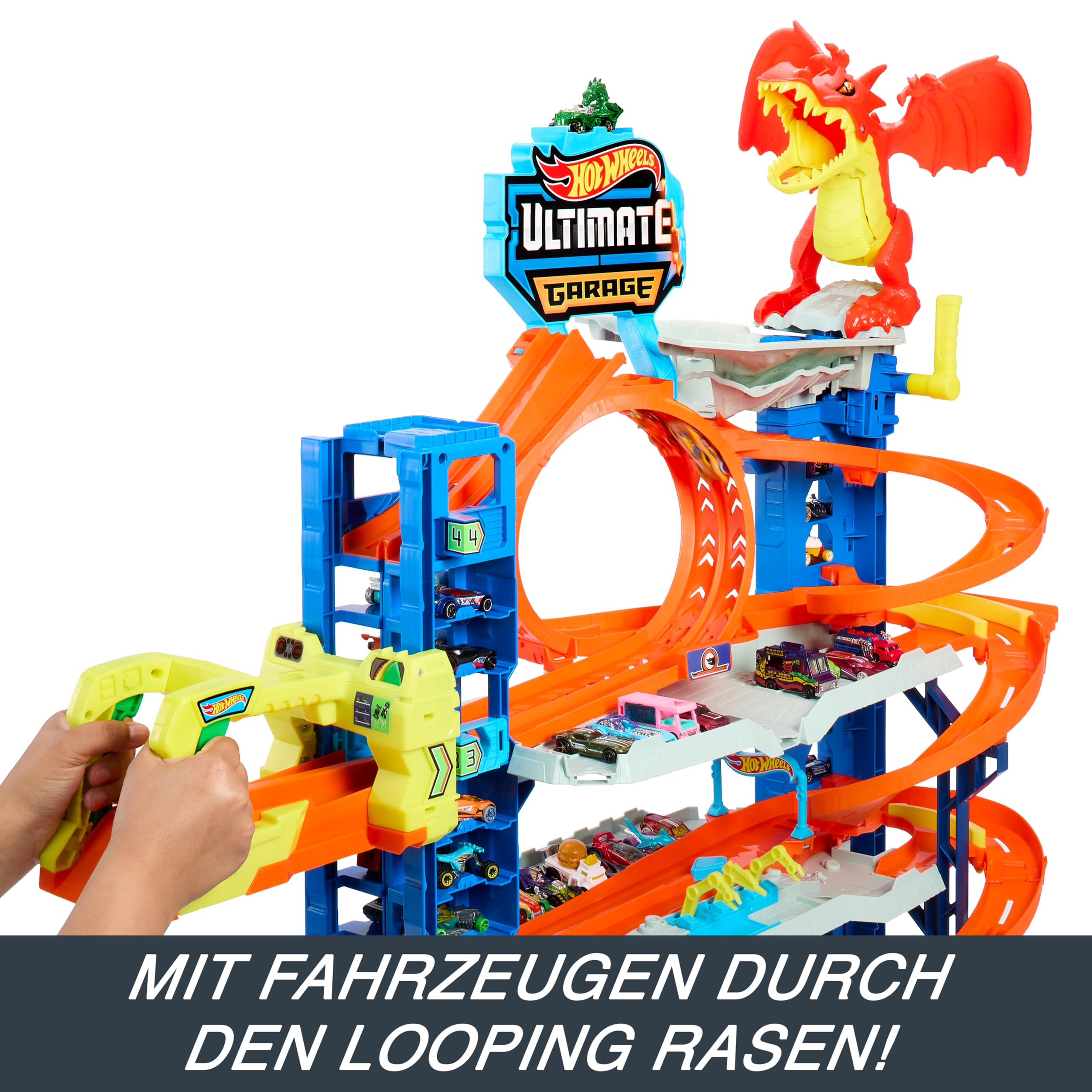 Hot Wheels Let's Race Netflix - Ultimative Garage - Mehrere Ebenen Parkgarage, 3ft hoch, mit 2 Die-Cast-Autos, ab 5 Jahren, Rennspaß, Stunt-Abenteuer, Drachenkampf, Autowaschanlage, Fahrstuhl, HKX48