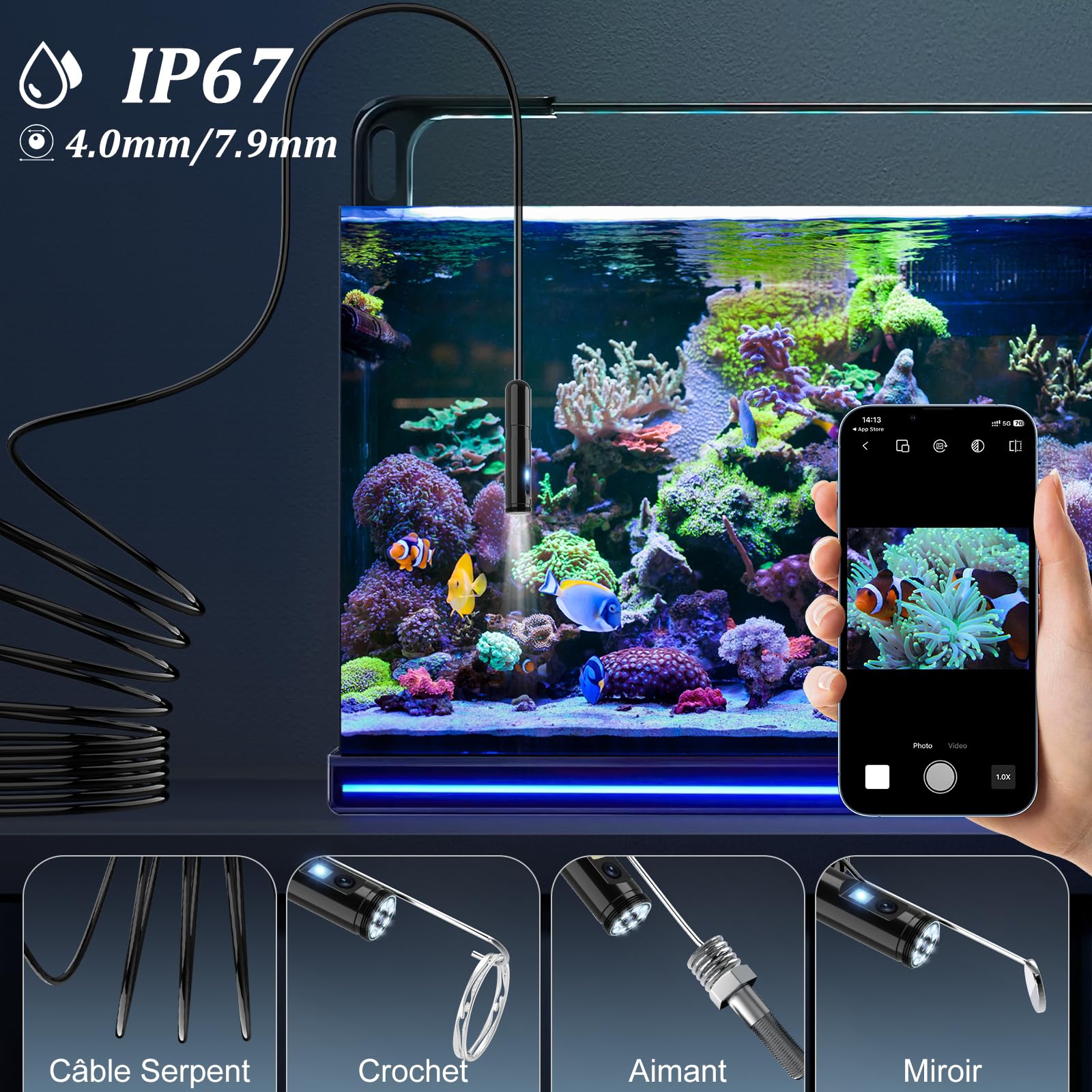 Camera Endoscopique Double Objectif 1920P HD, Camera Inspection Canalisation Étanche IP67 avec 8+1 LED, 10M Câble Semi-Rigide, Compatible Android/iOS, pour Égouts et Tuyaux
