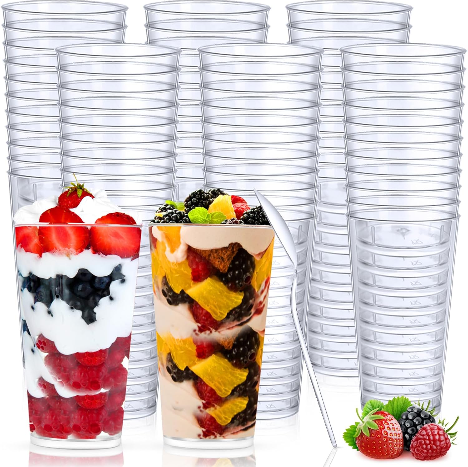 Chengu 3 oz Clear Plastic Mini Dessert Cups with Spoons Shooter Round Dessert Cups Parfait Appetizer Shot Glasses Disposable Tall Tumbler for Tasting Party Sample (200 Pieces,Classic)