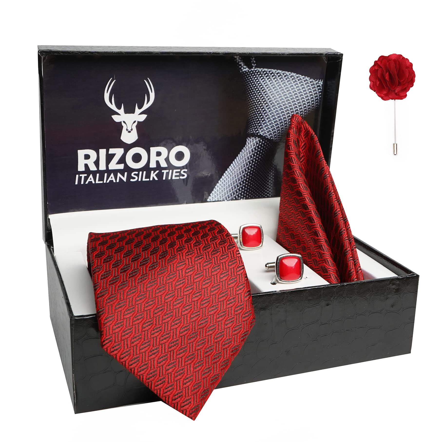 RIZORO Tie for Men – Dotted Silk Neck Ties Set with Cufflinks Flower Pin, Pocket Square & Black Gift Box, Combo Necktie Sets for Office Wear, Formal Suits & Weddings (Maroon, A12MRRX)