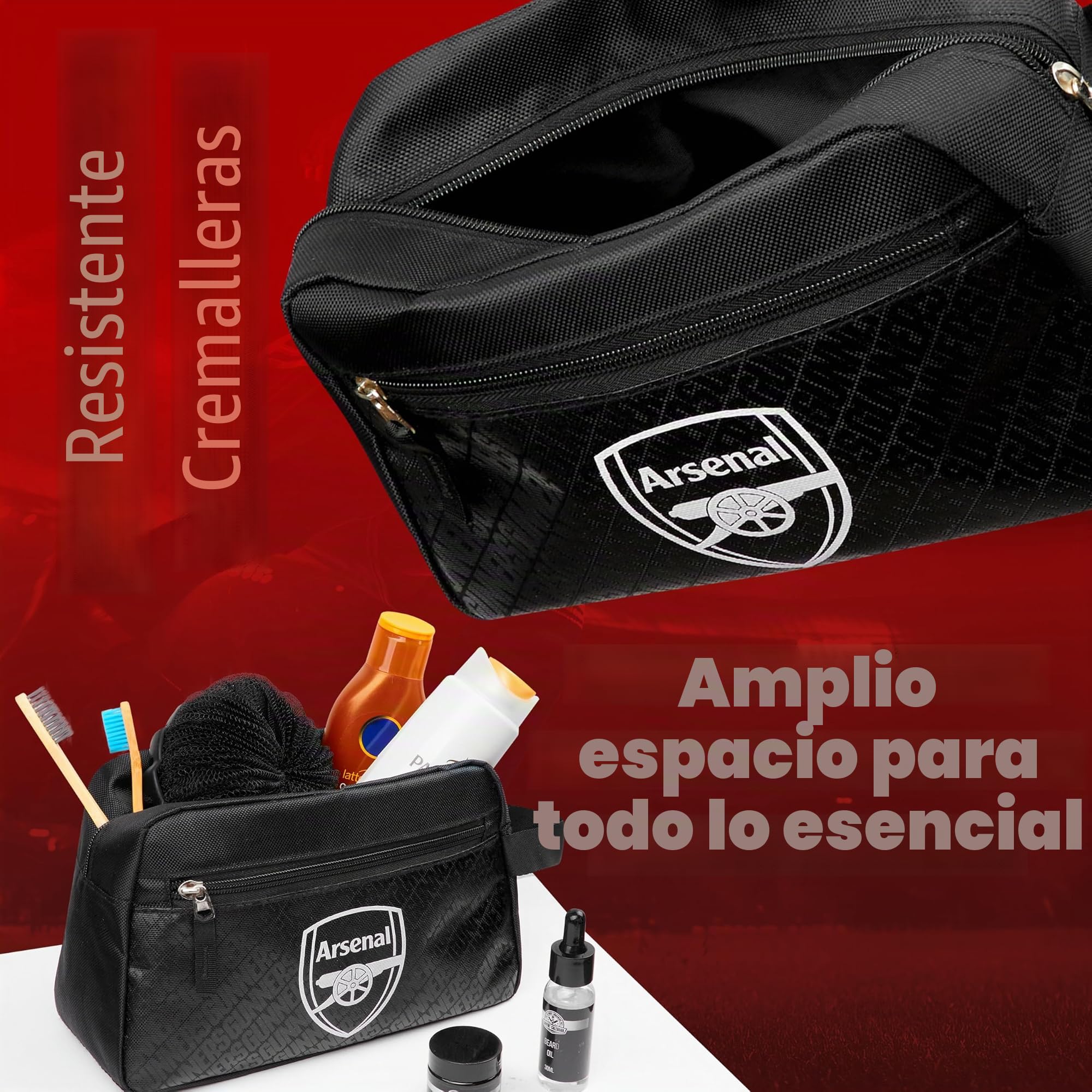 Arsenal F.C. Neceser para hombre, bolsa de viaje colgante con bolsillos con cremallera, regalos de fútbol para niños, adolescentes y adultos