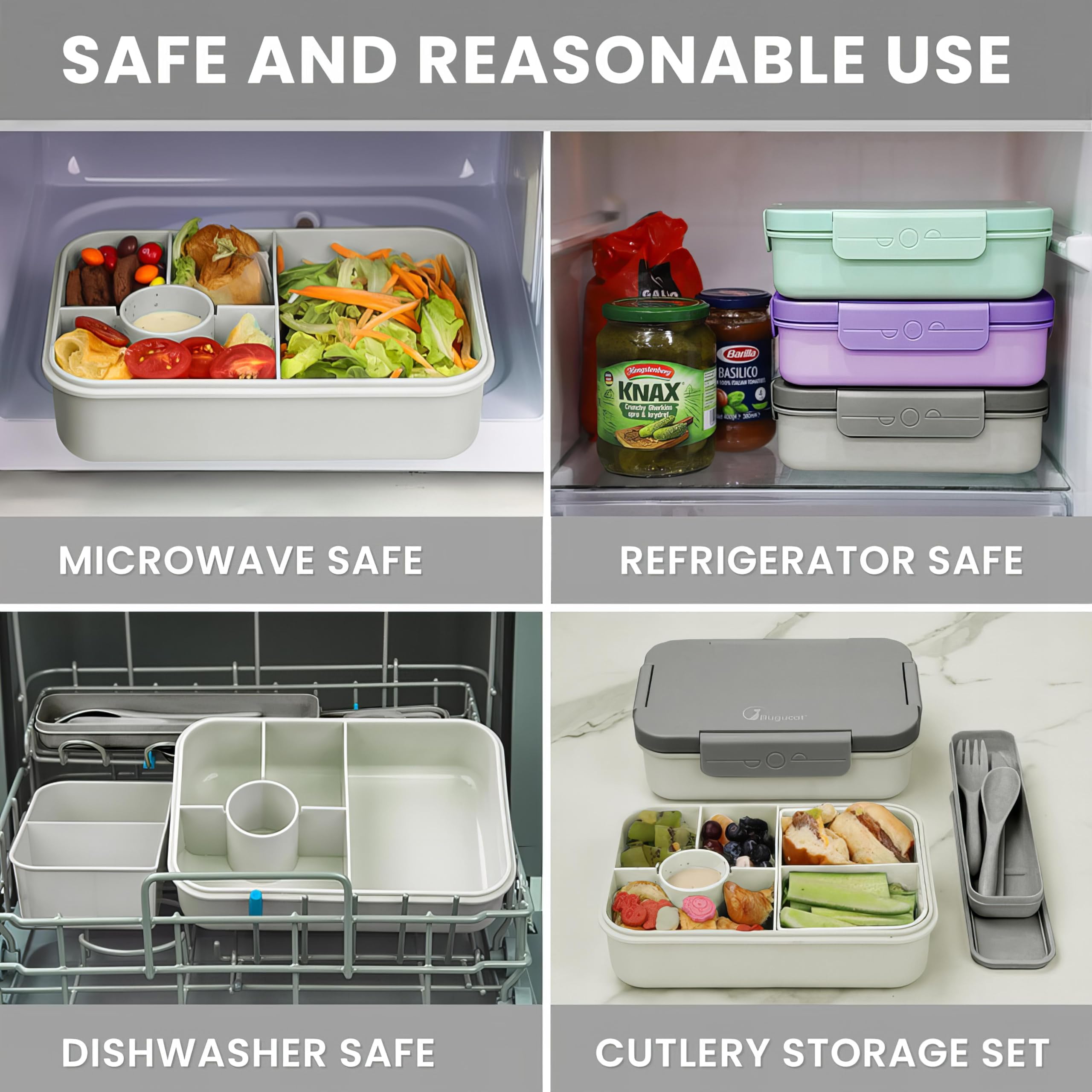 Bugucat Bento Lunch Box - 1300ML, 4-Compartment, Leak-Proof, Ideal for Kids & Adults, Grey, 1PCS - Image 4