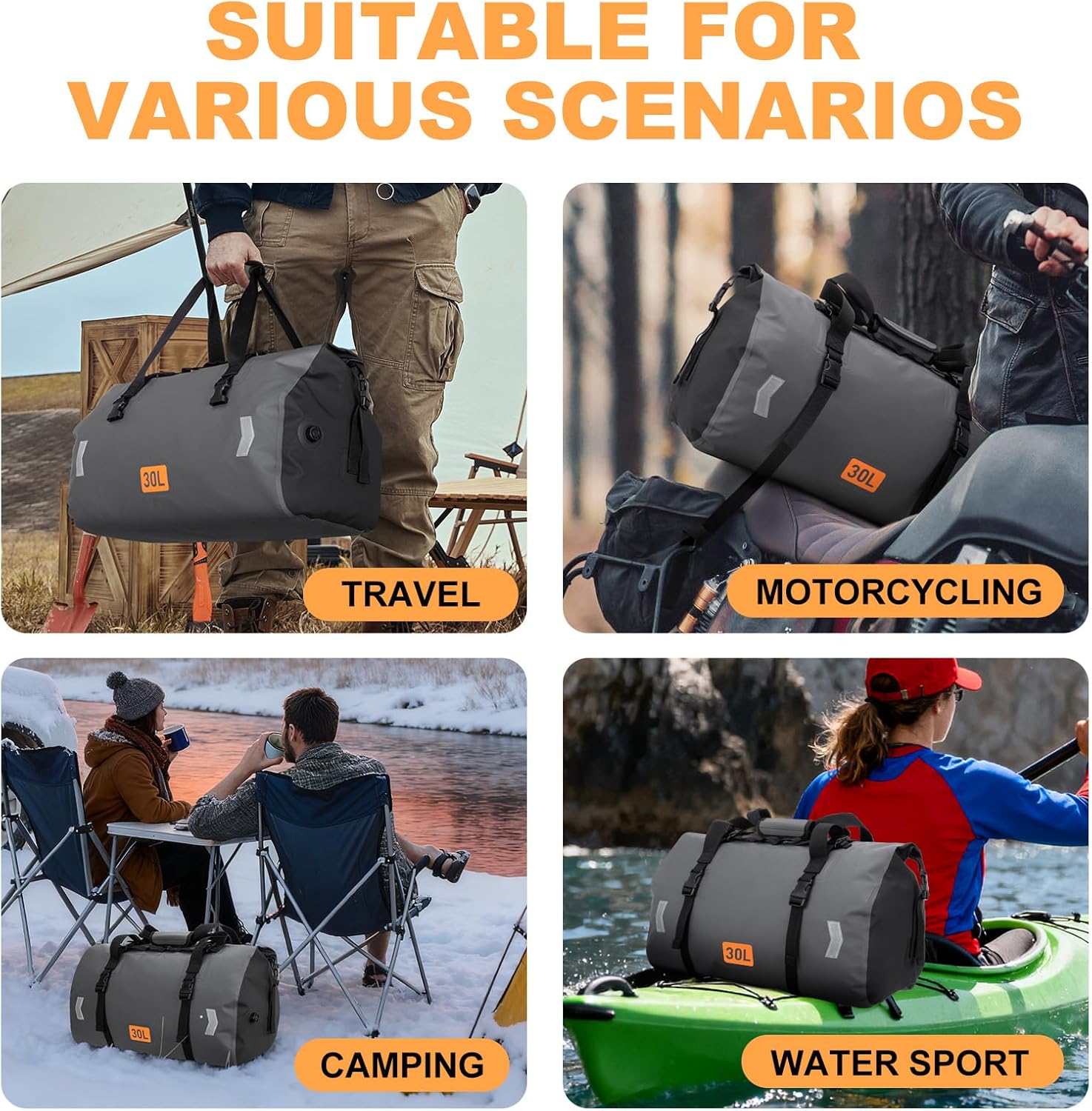 Waterproof Dry Bag, 30L Roll-top Motorcycle Tail Bag with Air Valve & Quick-fixed Straps, Travel Duffle Bags for Kayaking Paddle Boarding Rafting Boating Camping Riding Fishing - Grey - Image 7