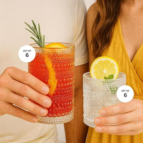 Miniatura 6 de Khen Juego de 12 vasos vintage de hobnail para beber, vasos altos de 13 onzas y vasos de 10 onzas, vasos de agua de cocina, agua de bar, jugo,