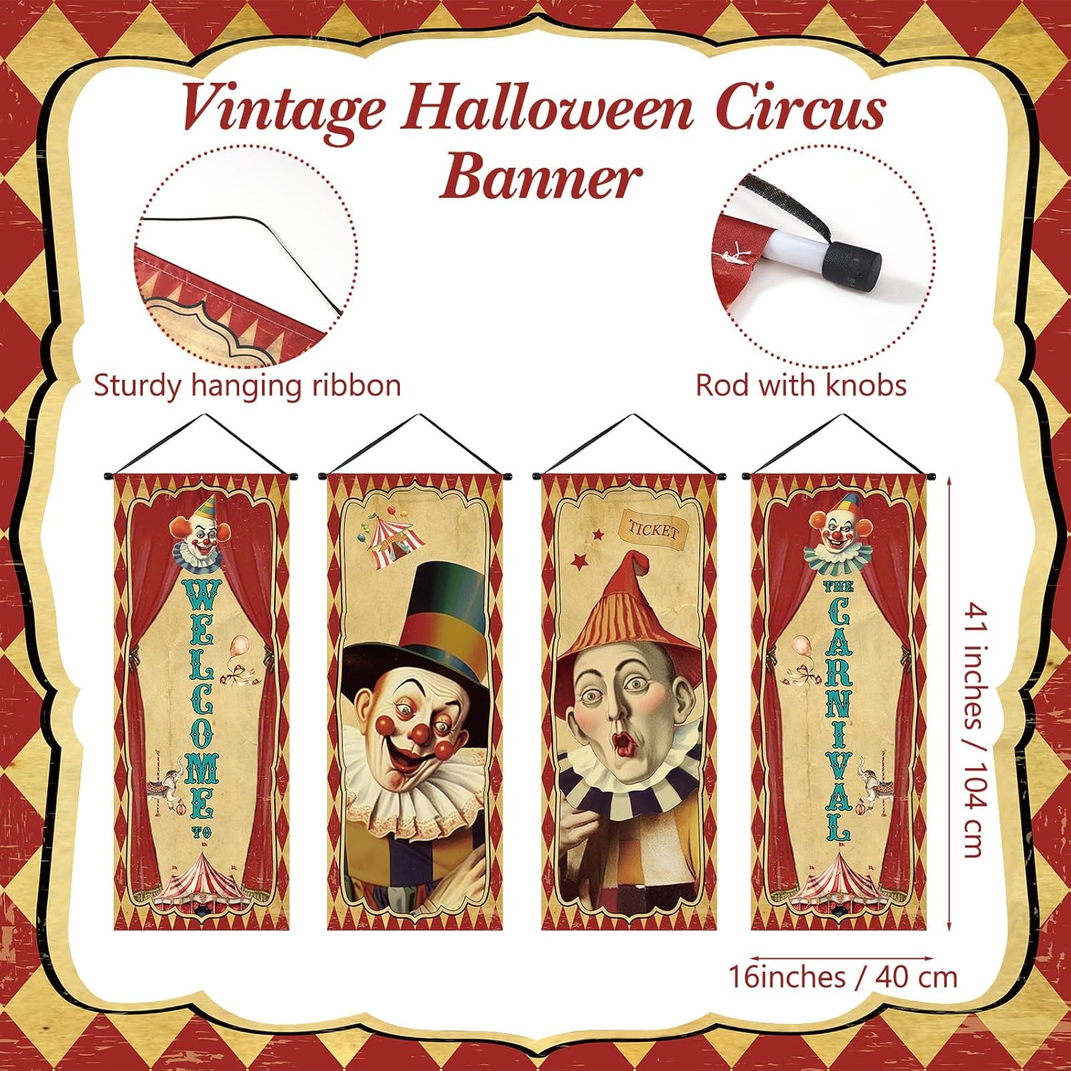 Tiamon 4 Pcs Vintage Christmas Halloween Carnival Porch Banners Retro Santa Clown Stretching Portraits Wall Decorations Gothic Porch Sign Backdrop for Xmas Indoor Outdoor Hanging Decor (Circus) - Image 2