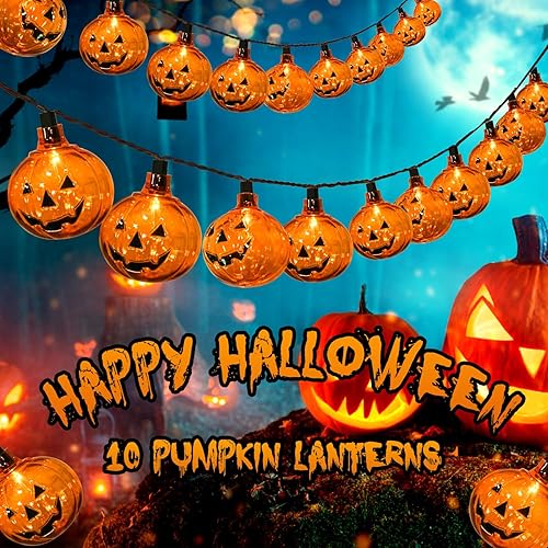 Miniatura 2 de Guirnalda de luces de calabaza de Halloween, luces de calabaza de 8.5 pies con 10 luces de linterna de calabaza, para Halloween, interiores y
