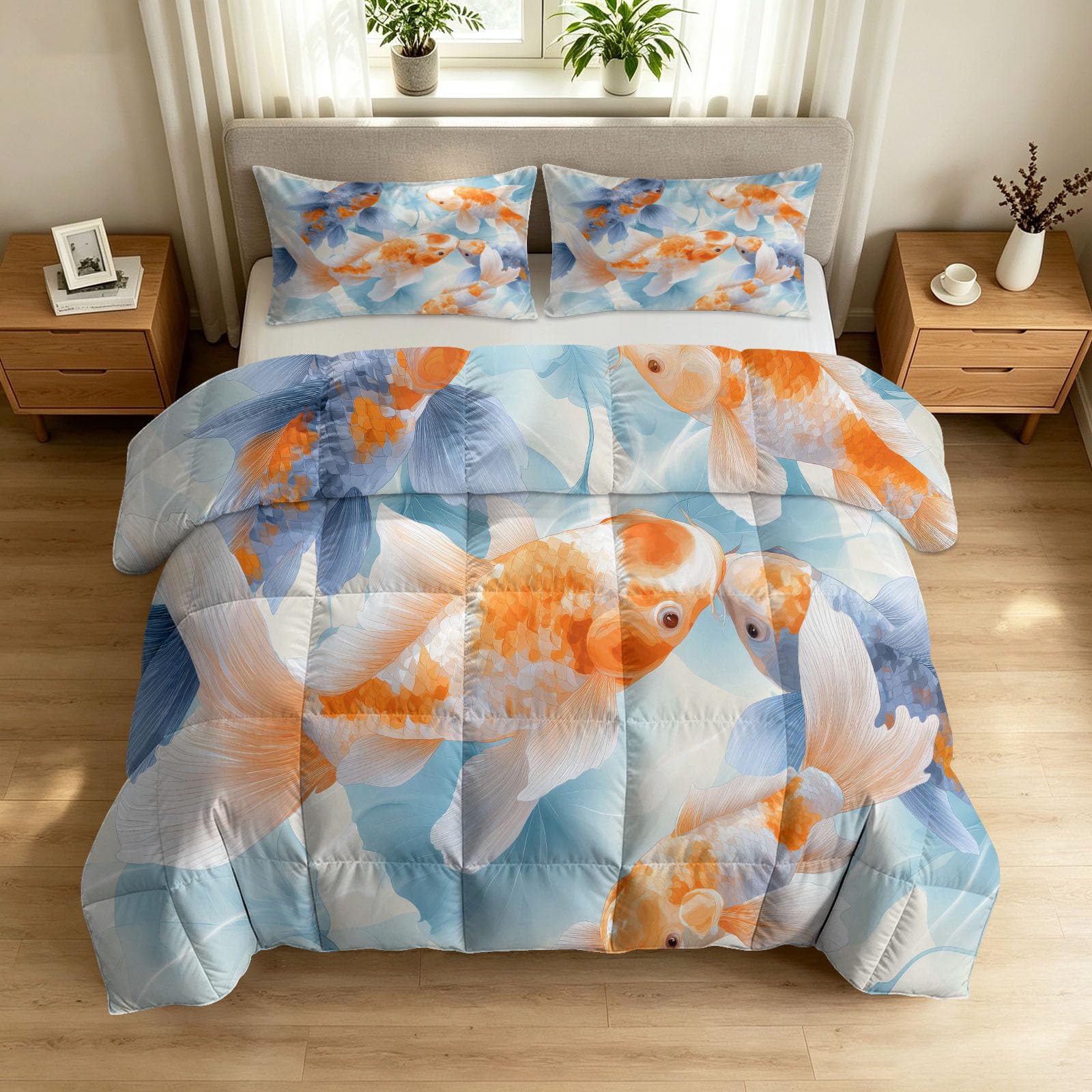 Piumino senza rivestimento, motivo onde d'acqua koi, foglia di loto, 240 x 260 cm, 4 stagioni, reversibile, con stampa a inchiostro orientale, lavabile, calda e delicata sulla pelle, con 2 federe da
