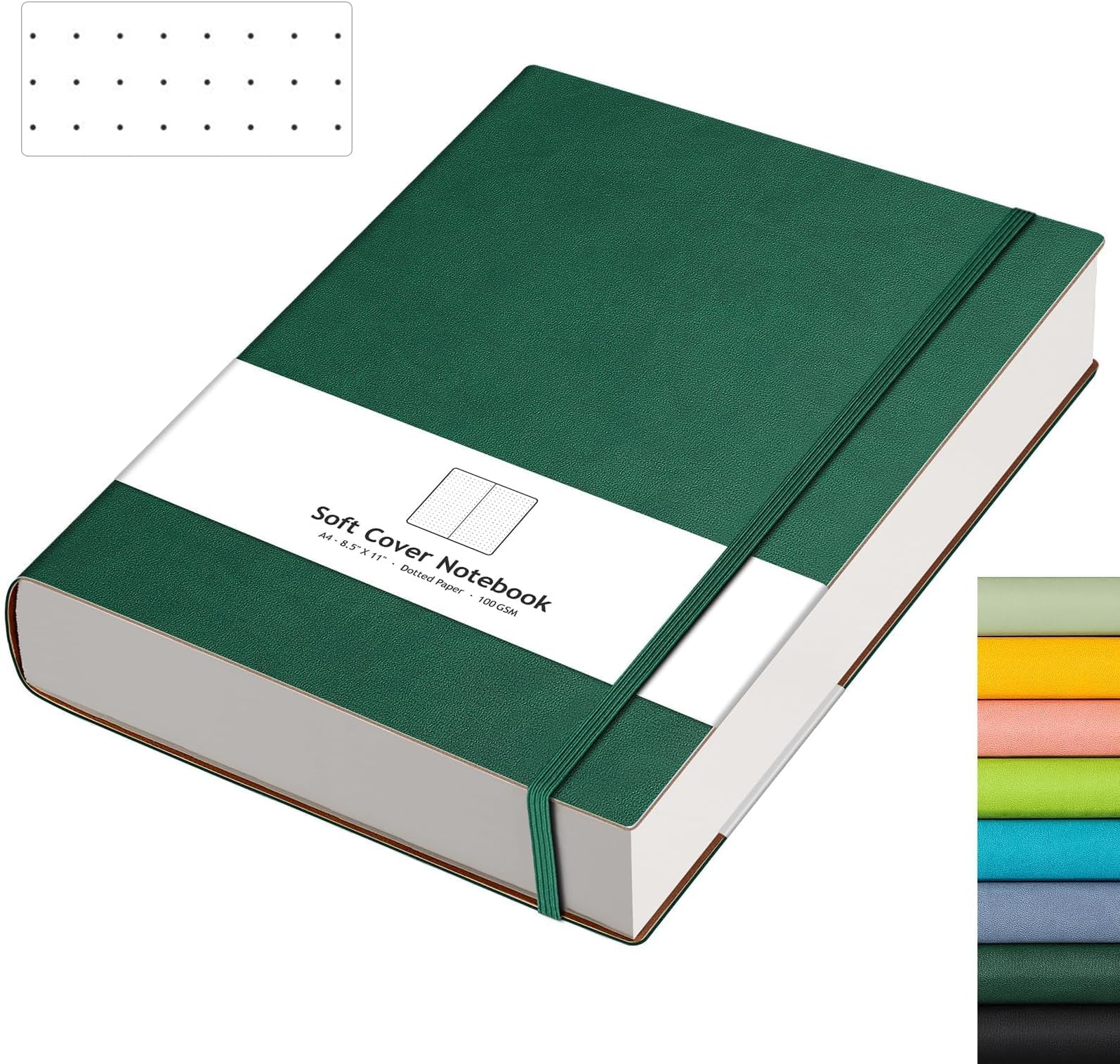 AHGXG Dotted Journal - Large A4 Notebook Dotted, 8.5''×11'', 320 Pages Dot Grid Notebook, 100gsm Thick Paper, Leather Softcover, with Journal Stencils, Inner Pocket, Dark Green