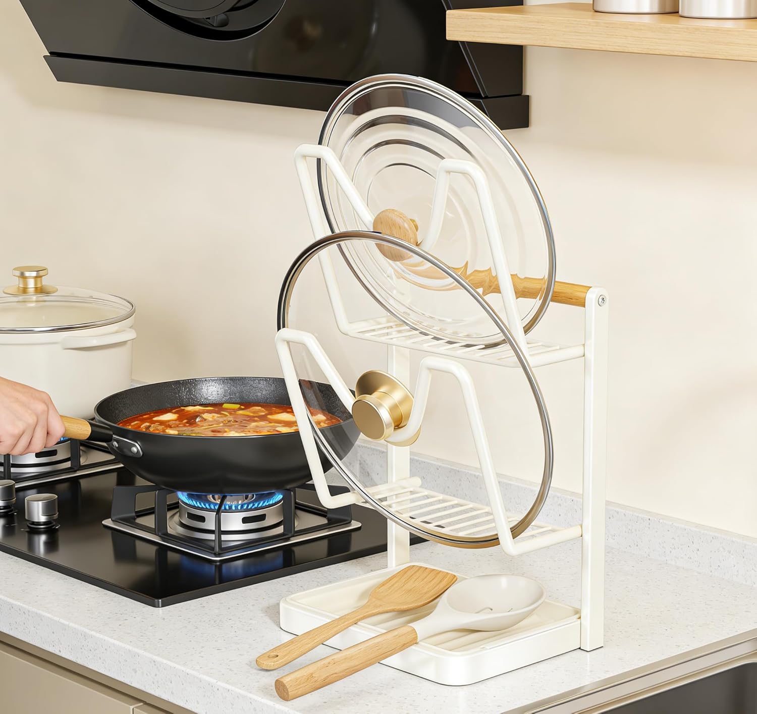 Pot Lid Holder for Stove Top Double-Layer Lid Rack with Drip Tray Multifunctional Spoon Rest & Kitchen Organizer