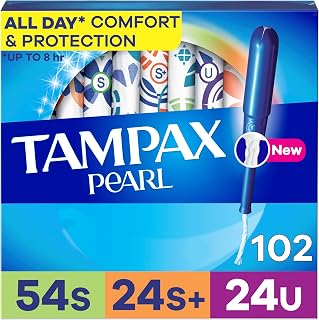 Tampax Pearl Tampons for Women Multipack, with LeakGuard Braid, Super/Super Plus/Ultra Absorbency, Unscented, 102 Count (3 Packs of 34)