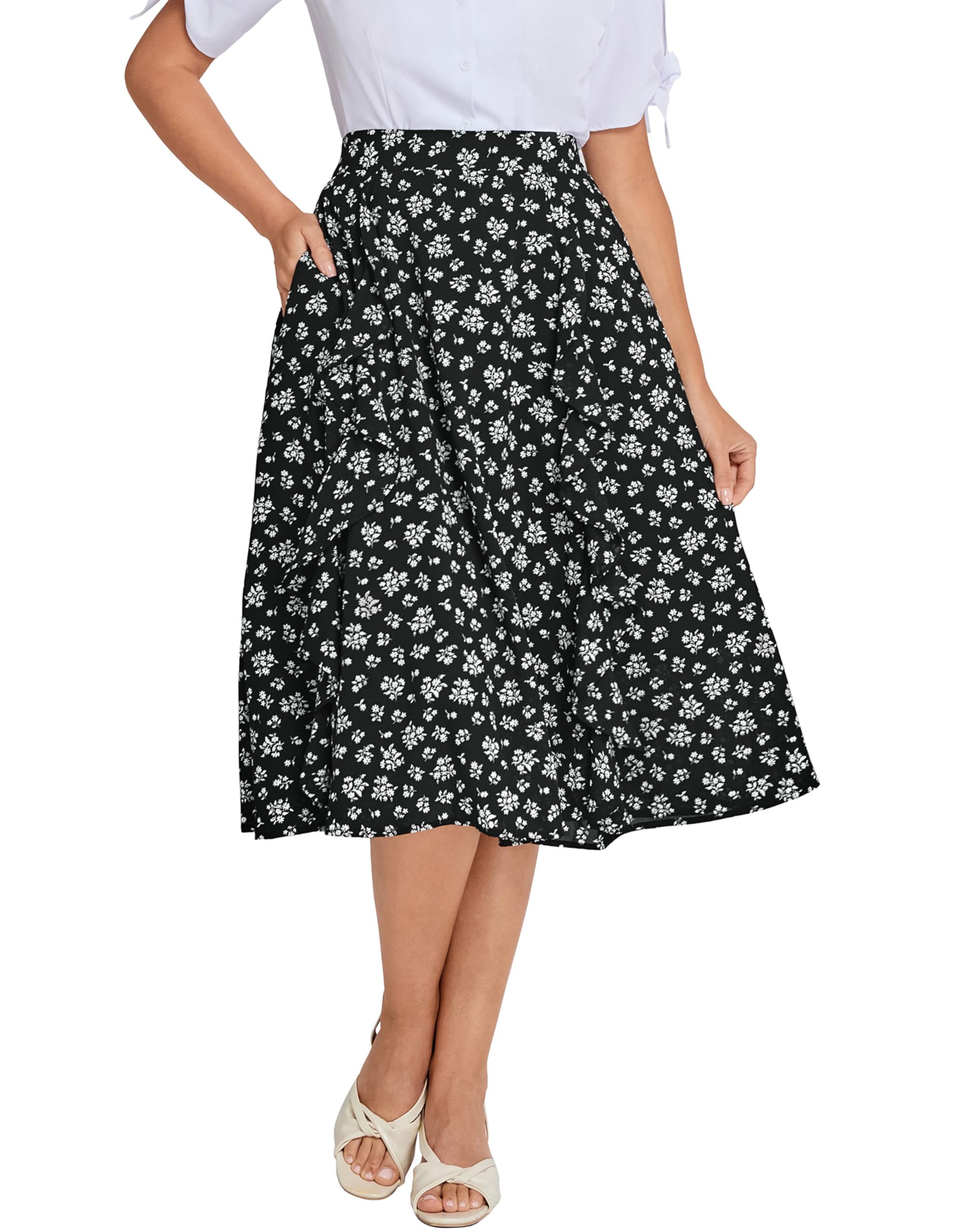 Belle Poque Women's Floral Skirts with Pockets High Waisted Flowy A Line Ruffle Skirt Midi Length for Spring Summer 2025