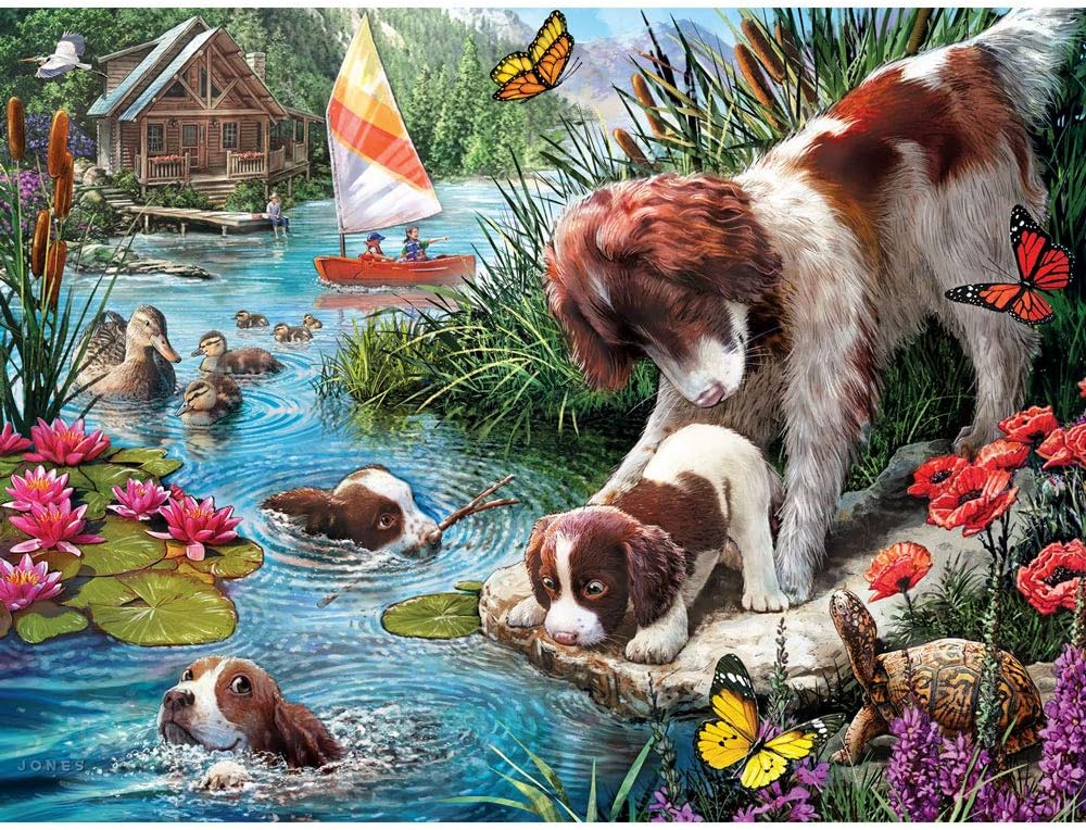Bits and Pieces 300 Piece Puzzles for Adults 300 Large Pieces 18" x 24" Jigsaw Puzzles, Dog Puppies River, No 2 Pieces Alike, Swimming Lessons