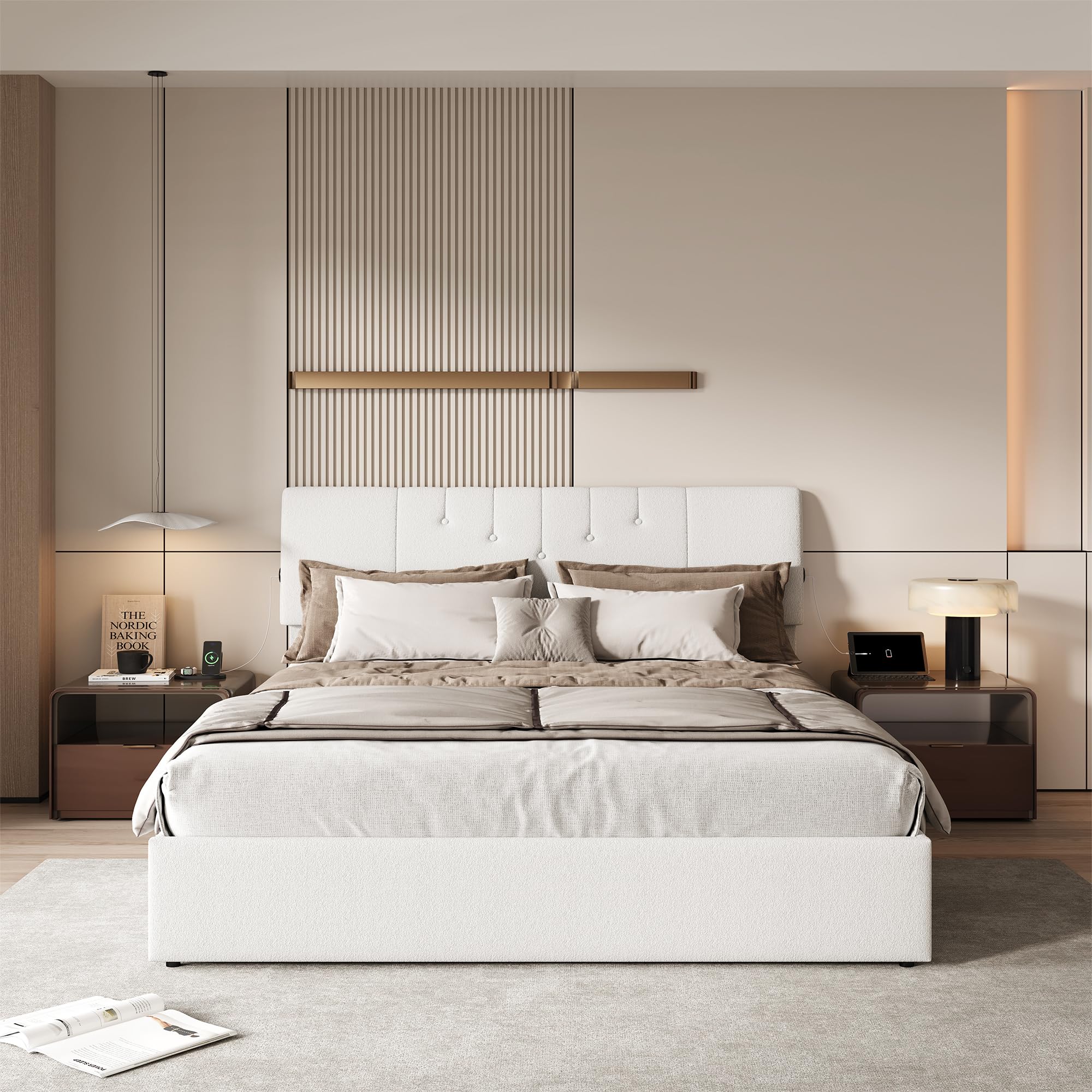 BRILVERDE Letto matrimoniale 140 x 190 con vano portaoggetti con USB, letto cassettiera con rete a doghe e testiera imbottita, per adulti e adolescenti, in pile Teddy (beige, 140 x 190 cm)