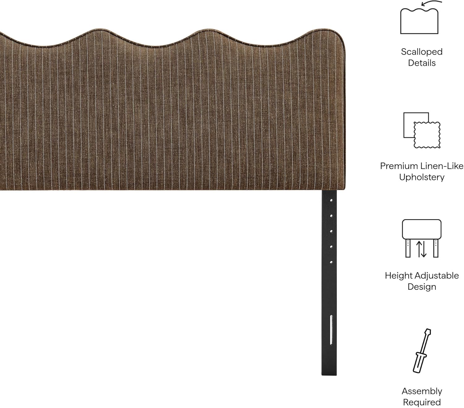 Monday Athena Striped Fabric Upholstered King Size Adjustable Headboard in Earth Stripe - with Scalloped Wave Design and Soft Linen-Like Fabric