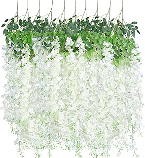 Tikroom 10 Pack Artificial Wisteria Hanging Flowers 3.6 Feet/Piece White Dense Fake Wisteria Vine Ratta Hanging Garland Silk Flowers String for Home Wedding Arch Wall Party Garden Decor
