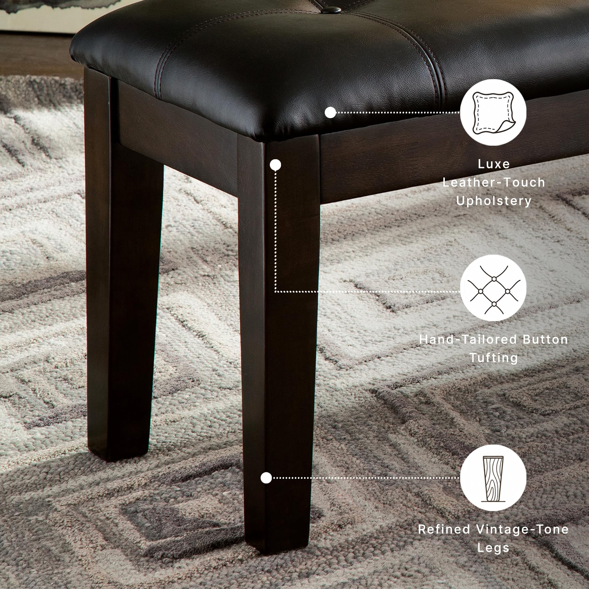 Signature Design by Ashley Haddigan 1-Piece Dining Bench, Faux Leather | Classic button tufted seat, Wood and engineered wood frame, 18.75 in seat height, 2-person capacity, Dark brown finish