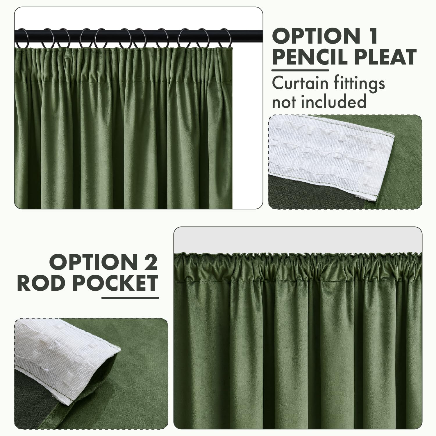 Woaboy Cortinas de Terciopelo con Cinta Fruncida, Juego de 2 Unidades,140 x 300 cm, Bonito Grosor y Pesado, para salón, Dormitorio, decoración, Cortinas Opacas, Verde