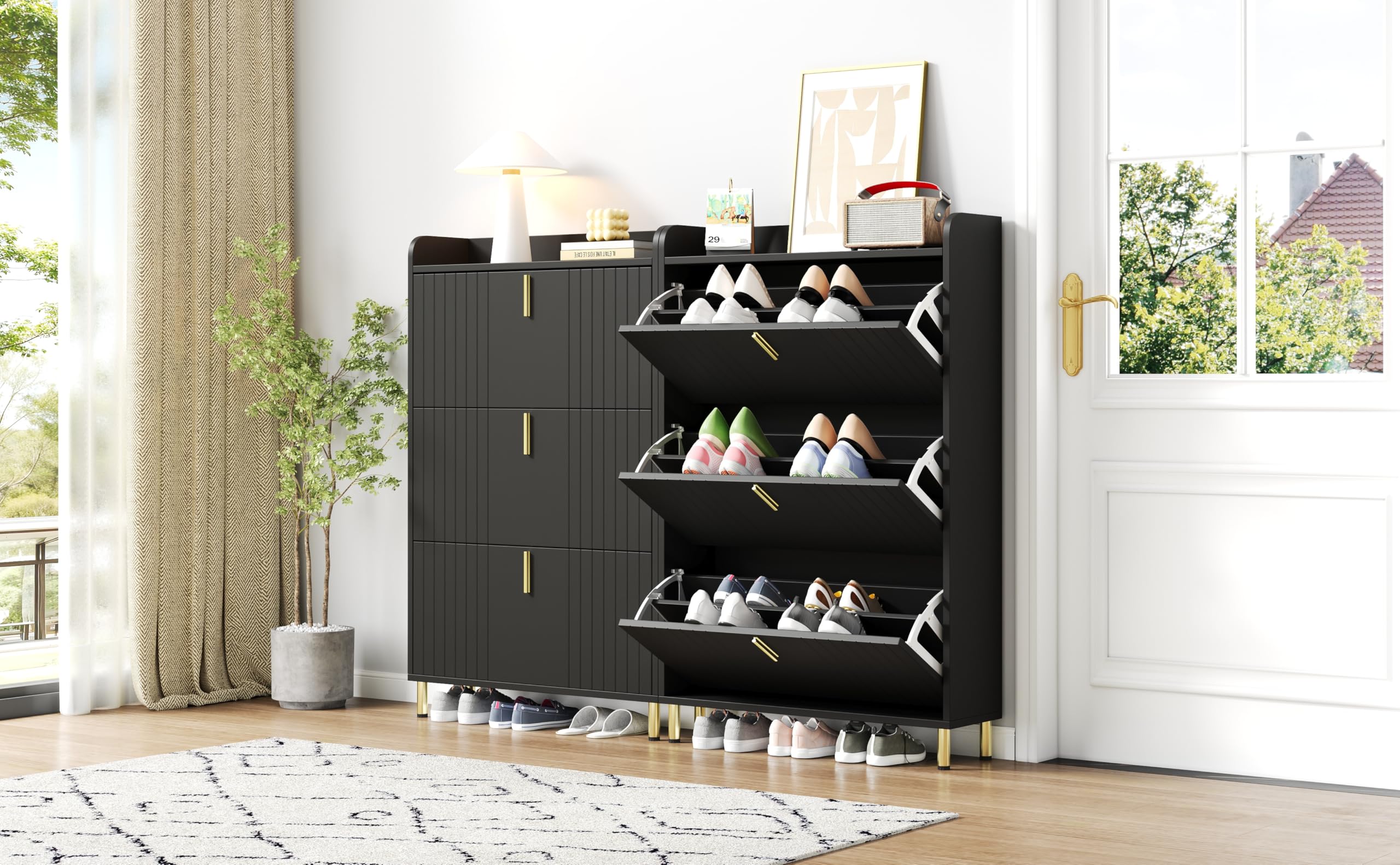 2er Set Schuhschränke je 3 Klappen 6 Fächer Schwarz 80x23,5x123,5cm