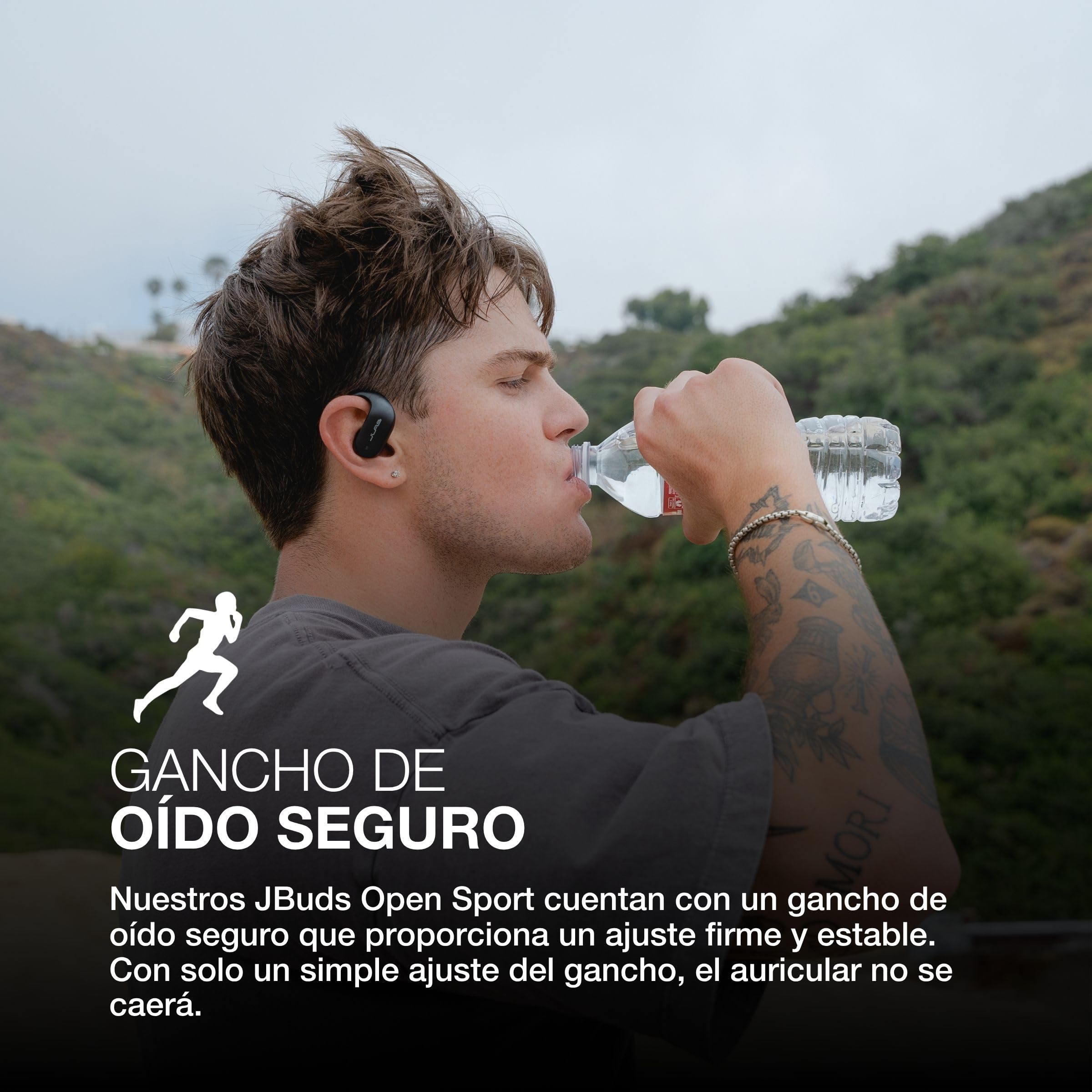 JLab JBuds Open Sport Auriculares Deportivos Inalámbricos - IP55, Negro | Auriculares Open Ear con Ganchos para las Orejas, 26 Horas de Autonomía, Resistencia al Sudor IP55