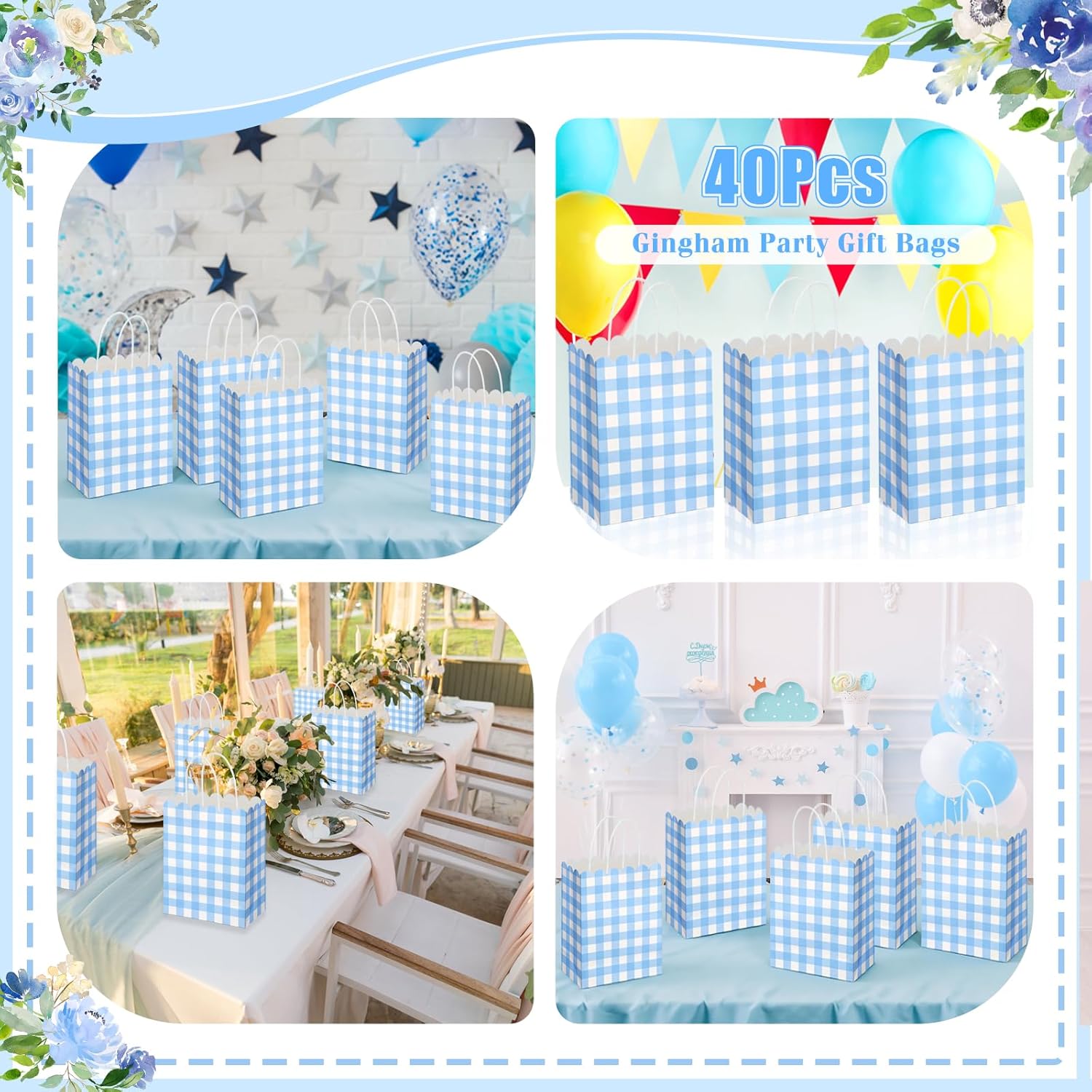 Polinook 40 Pcs Blue Gingham Party Supplies Gift Bag - with Handles Scalloped Plaid Paper Candy Bags - Double Side Kraft Paper Goodie Bags - for Spring Wedding Party Decor - Image 8