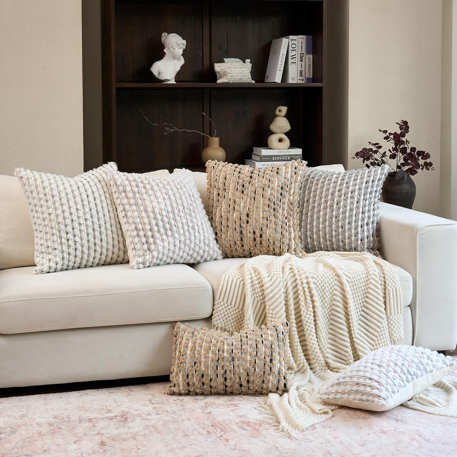 Aeckself Handmade Boho Chenille Tufted Pillow Cover 18x18 Inch, Decorative Square Throw Pillow Cover Neutral Pillowcase for Couch Bedroom Living Room, Grey Blue - Image 6