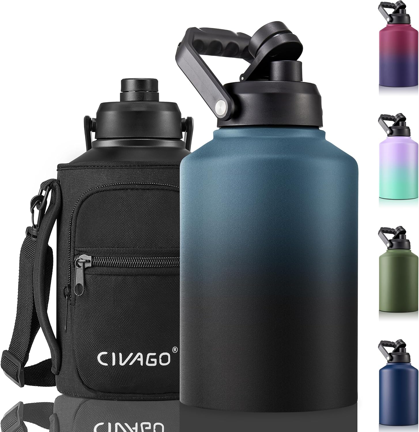 CIVAGO Gallon Insulated Water Bottle Jug, 128 oz Stainless Steel Sports Canteen, Large Metal Thermal Growler Mug with Pouch Holder and Handle, Indigo Black