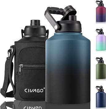 إبريق زجاجة ماء معزول من CIVAGO Gallon ، 128 أونصة من الفولاذ المقاوم للصدأ ، كوب مزارع حراري معدني كبير مع حامل الحقيبة ومقبض ، أسود نيلي