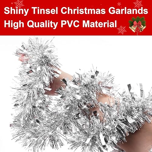 Miniatura 3 de Guirnalda de Navidad plateada de 50 pies, guirnalda de oropel de Navidad, guirnalda metálica para colgar en el techo, guirnalda de Navidad para