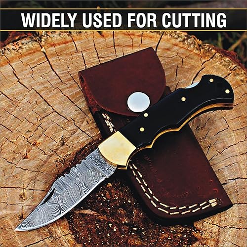 Miniatura 9 de G K ENTERPRISES Cuchillo plegable de damasco premium, cuchillo de bolsillo afilado hecho a mano con funda, cuchillo de caza ideal para acampar y