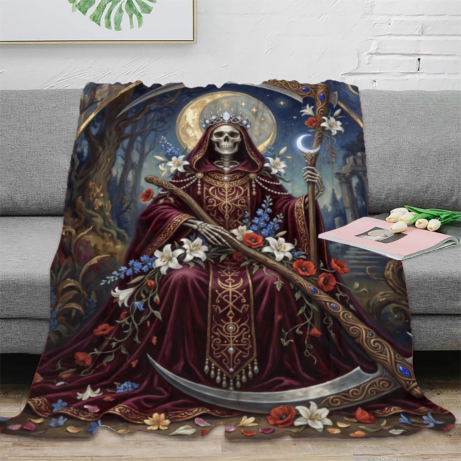 W7C8U2X3 Floral Grim Reaper Blanket, Flannel, TV, Moonlit Horror Print
