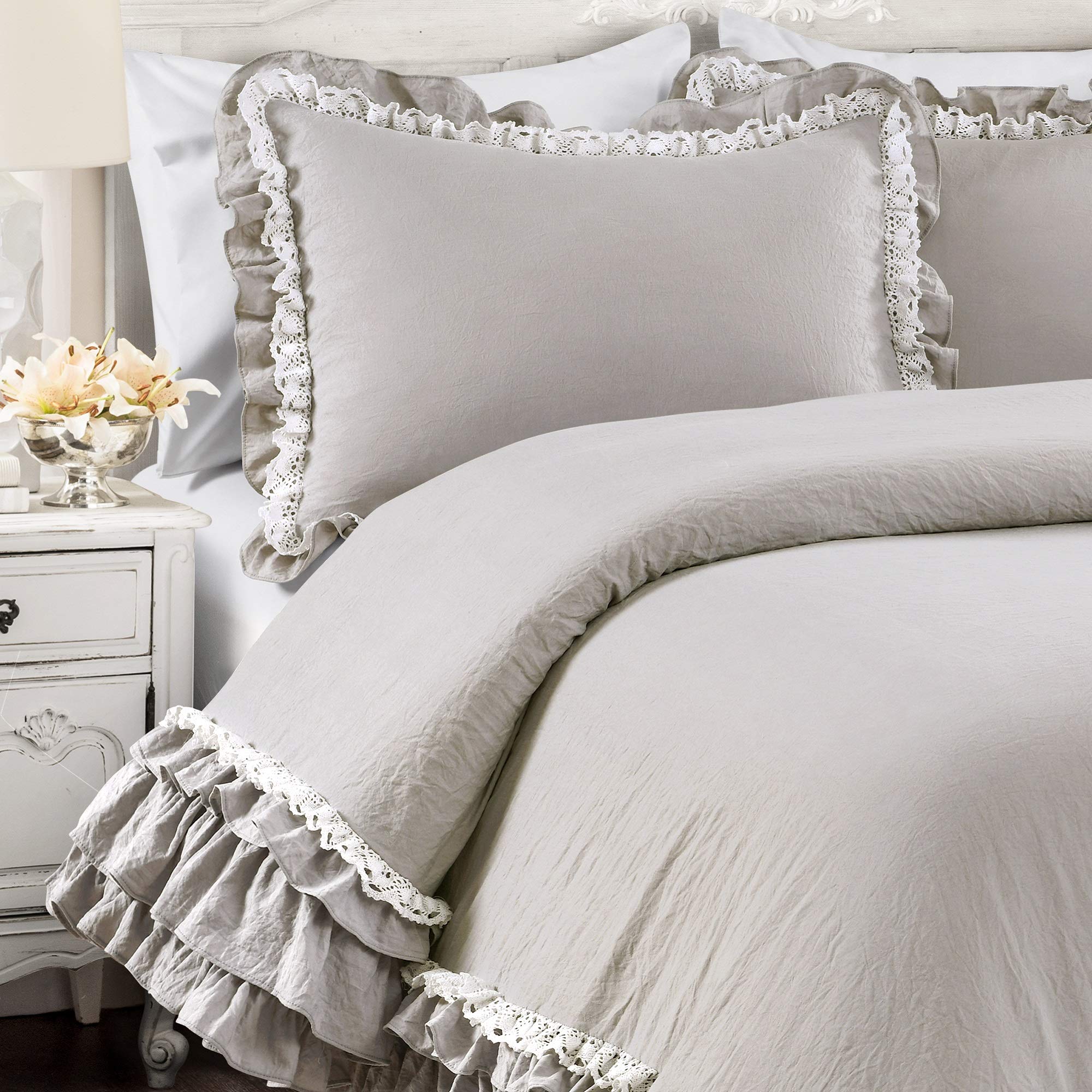 Lush Decor Ella Tagesdecke 3-teilig – Vintage Chic Mit Rüschen & Spitze, Queen Size, 100% Polyester