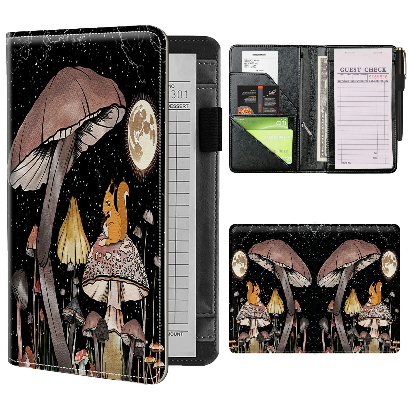 Server Books for Waitress Waiter with Zipper Pocket, Mushroom Moon Squirrel Leather Server Pads Waitstaff Organizer Guest Check Presenters Server Wallet Money Holder Pouch Fit Apron