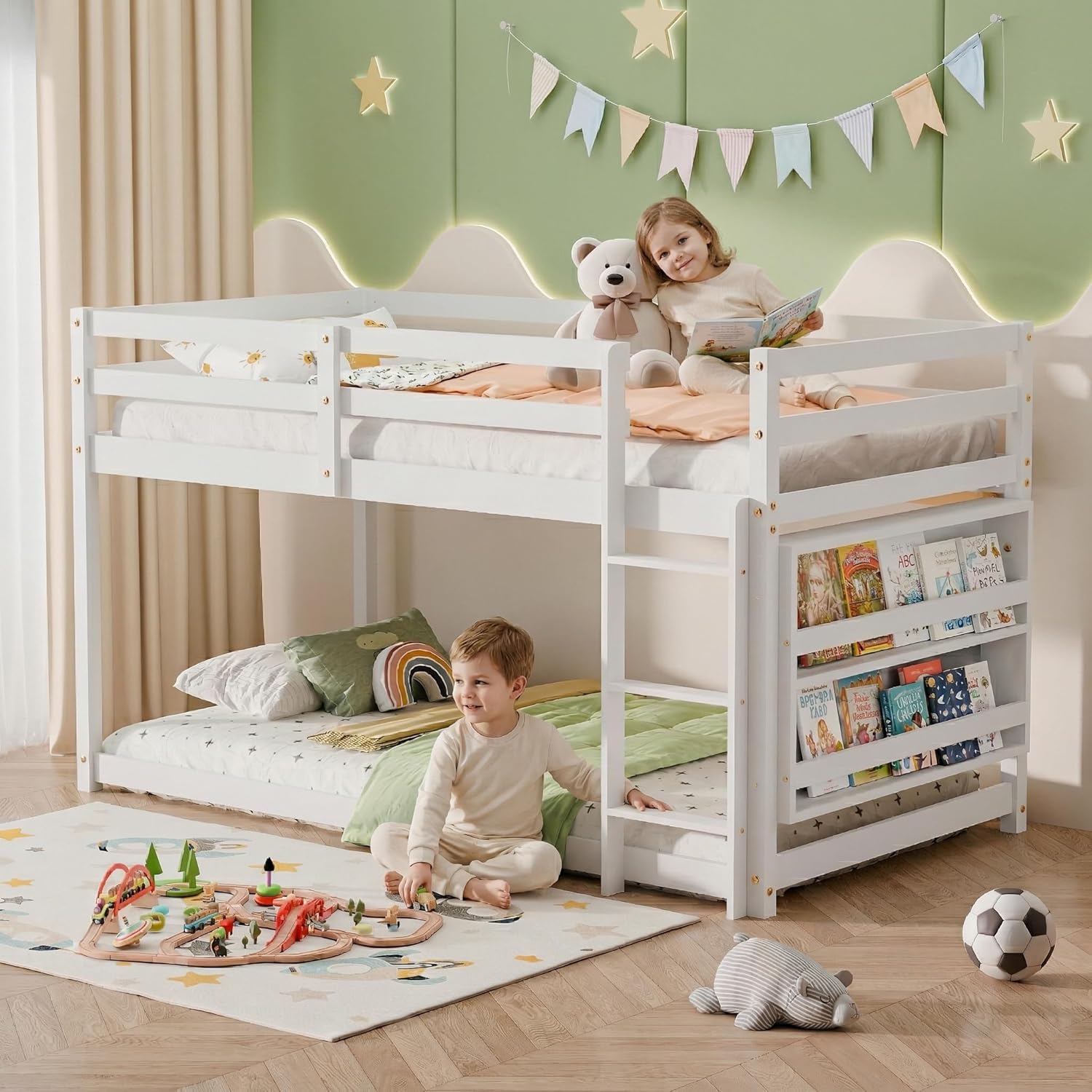 Xilingol Low Bunk Bed for Kids, Floor Bunk Bed Twin Over Twin with Bookshelves & Full Guardrails, Wooden Twin Bunk Bed Frame for Bedroom, Dorm, Boys, Girls, Children, Toddler (Natural)
