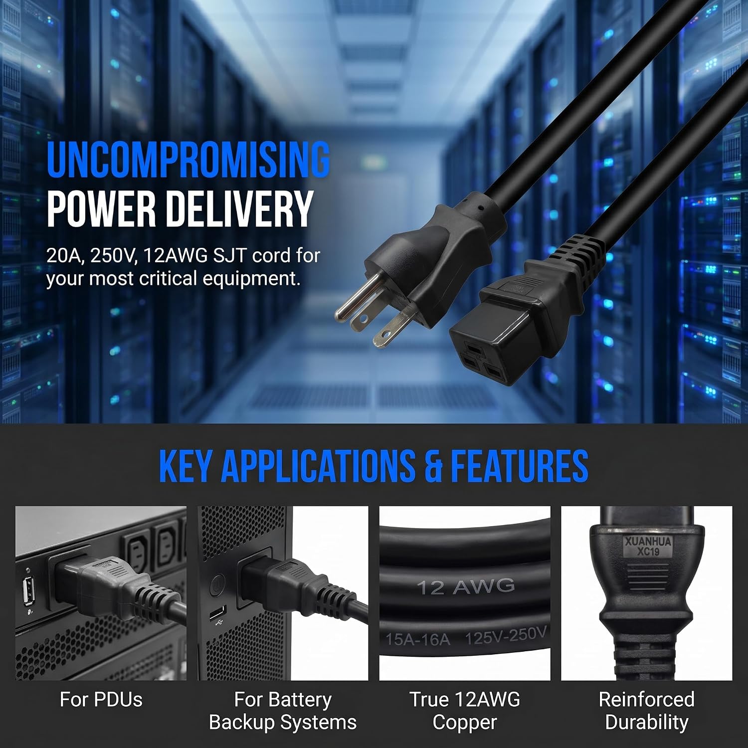 (6FT / 1.8M) NEMA 6-20P to IEC 320 C19 Heavy-Duty Power Cord, 20A 250V, 12AWG SJT UL/ETL Listed, Server PDU UPS Power Cable for Data Center & High-Power Equipment