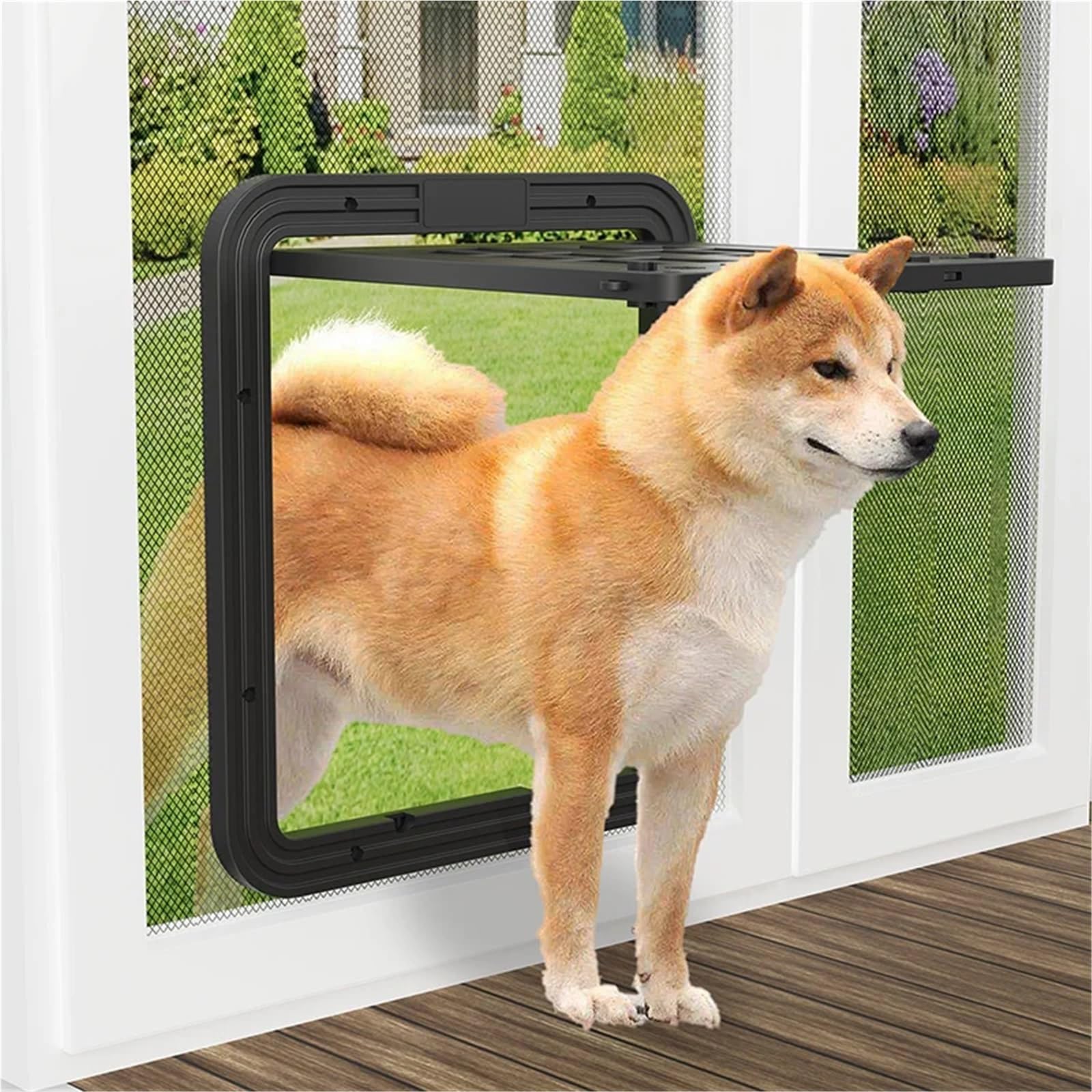 Puerta mosquitera Grande for Perros con Solapa de Apertura for Perros con 4 entradas y Cierre automático for Perros y Gatos. Puerta Mascotas con Cerradura(White,L)