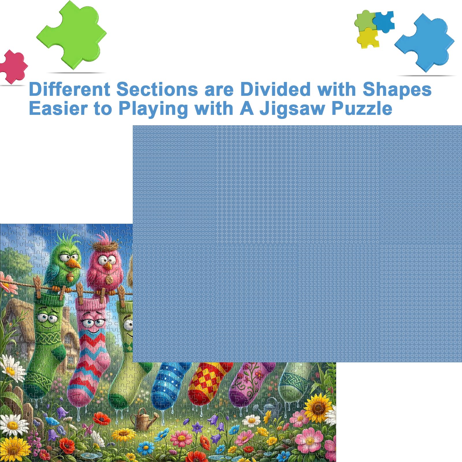 Puzzle per adulti 1000 pezzi, divertenti uccelli calzini stendibiancheria | Simpatico puzzle da giardino, con uccellini, con poster, borsa portaoggetti, decorazione da parete, regalo divertente