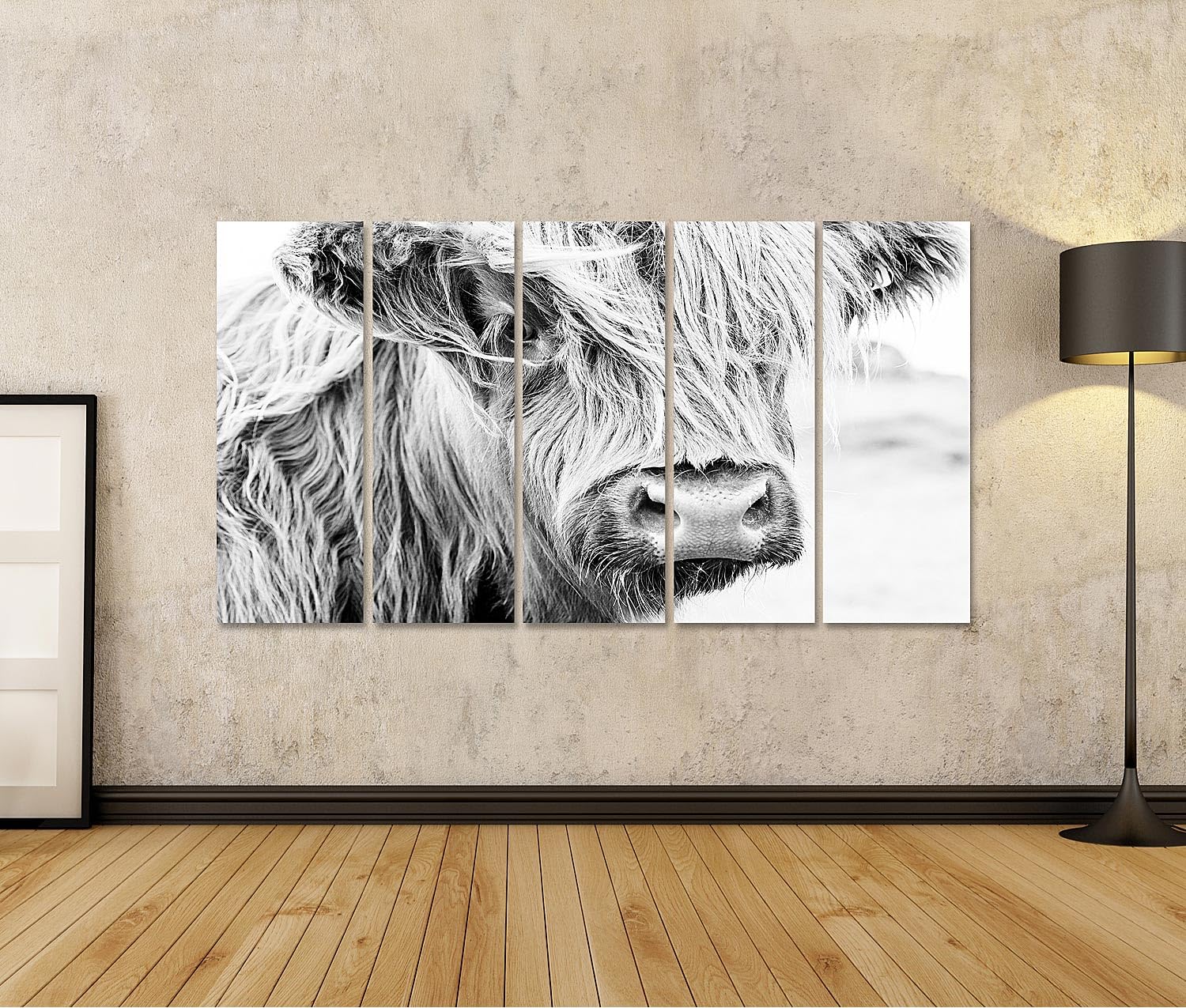 islandburner Bild auf Leinwand Schottisches Hochlandrind Schwarz Weiß Fotografie Bilder Wandbilder 160x80cm