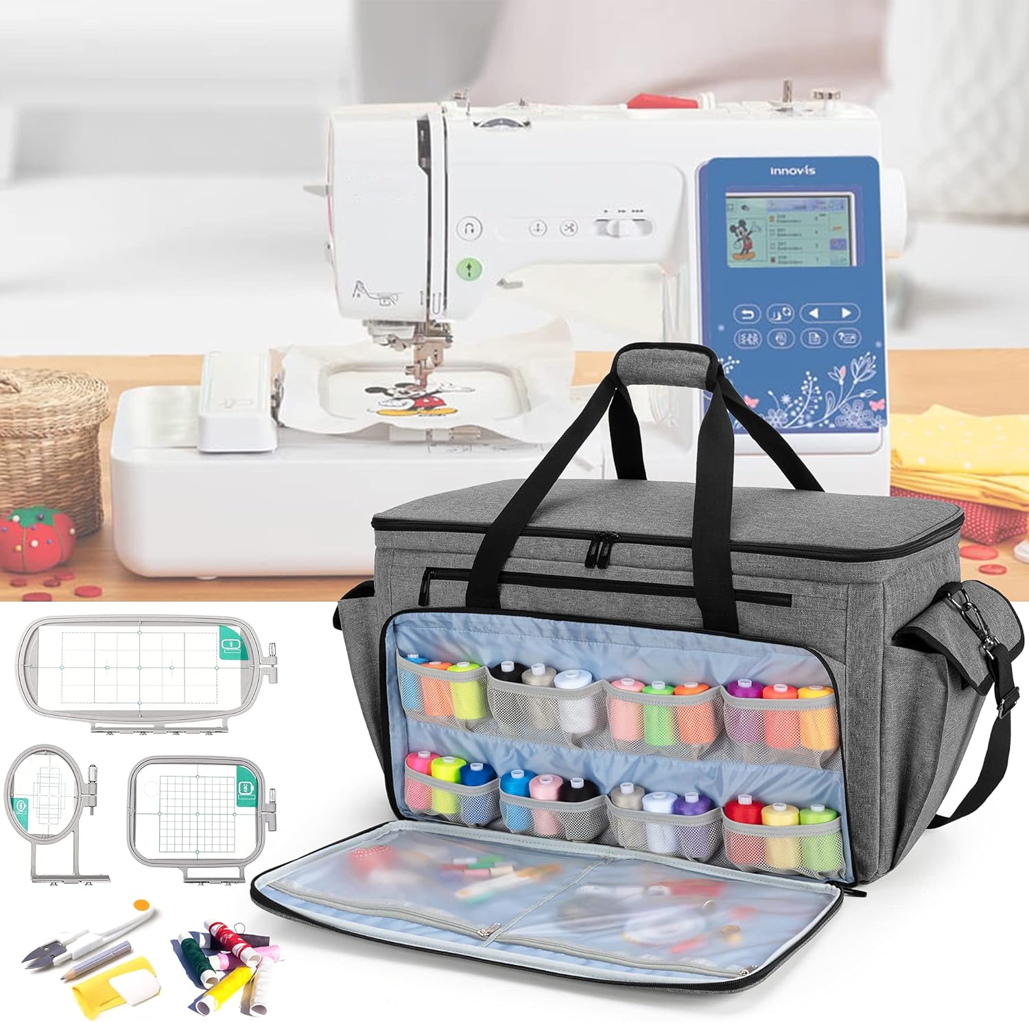 CURMIO Sewing and Embroidery Machine Carrying Case, Universal Tote Bag with Removable Cushion Pad Compatible with Brother SE600, PE535 Embroidery Machine and Accessories, Bag Only