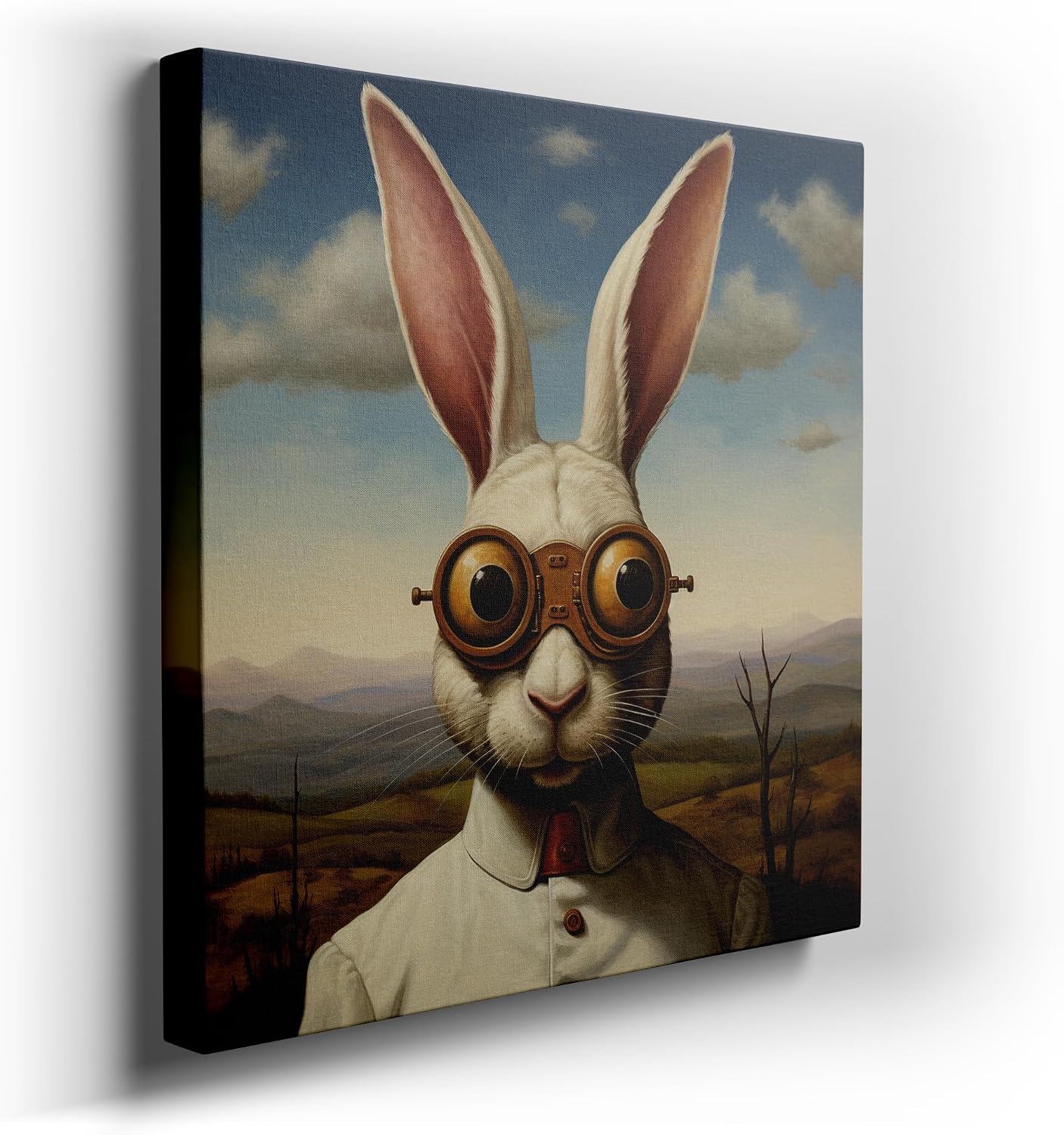 Canvas for Living room. Gaze of the Goggled White Rabbit in a Surreal Hilly Dreamscape, 27 x 18 inch Canvas Wall Art - Ready to Hang - 69x46 cm (27x18 inch)