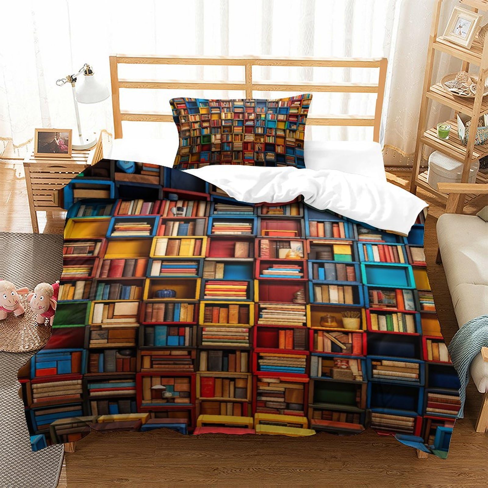 Housse de couette étagères de livres 3D zippée pour lit simple sans repassage fastidieux