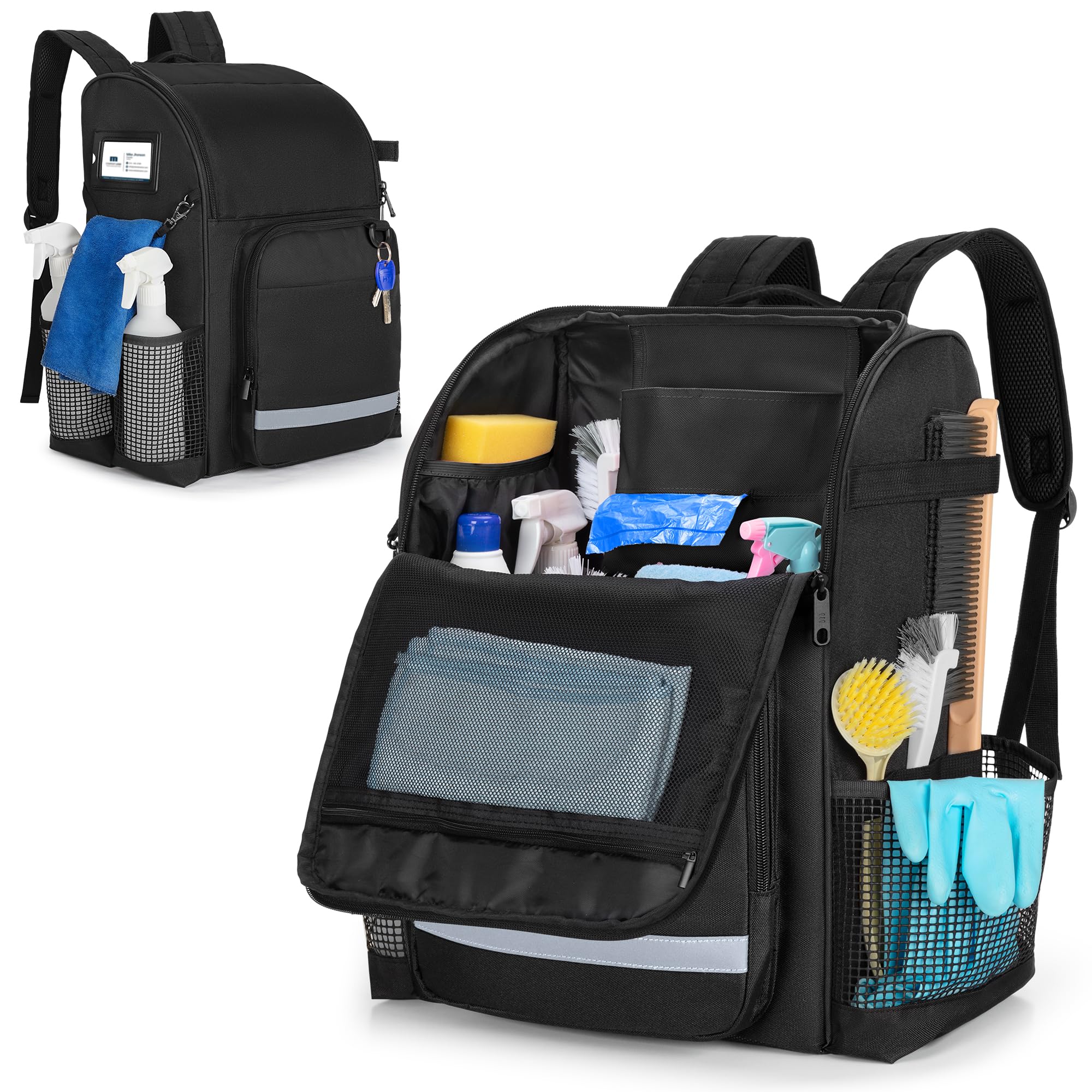 LoDrid Rucksack für Reinigung mit Verdickten, Verstellbaren Schultergurten, Großer Reinigungstasche mit Mehreren Taschen für Hausarbeit, Schwarz (Patentiertes Design)